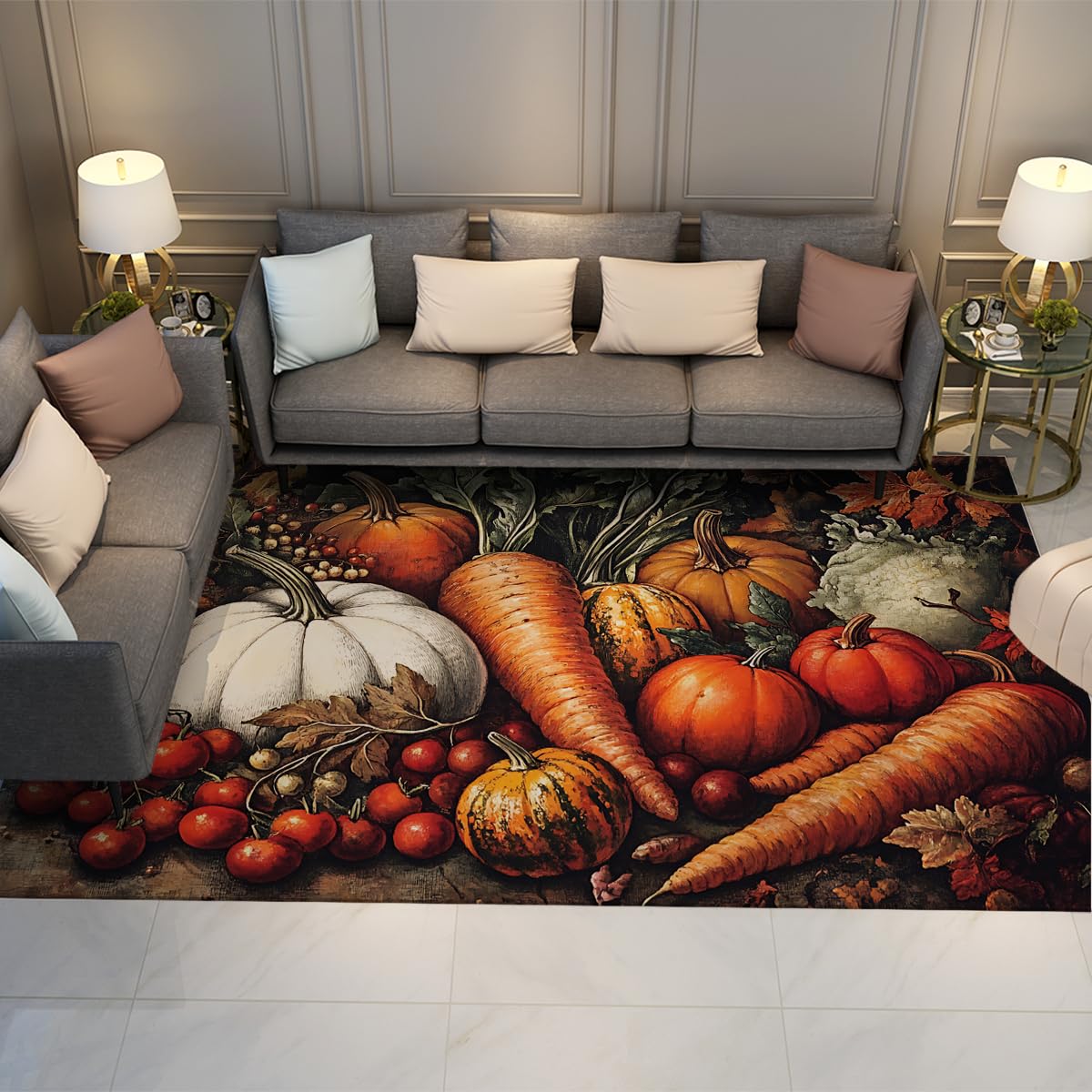Jesienny dywan na festiwal, marchew, dynie, pomidory, antypoślizgowy, z niskim runem, do salonu, kuchni, jadalni, wewnątrz i na zewnątrz, 120 x 200 cm