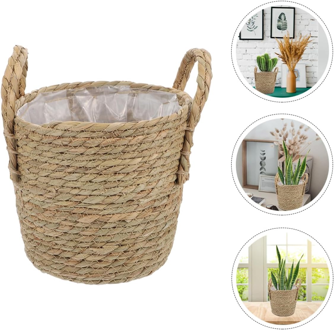 BESPORTBLE Woven Straw Flower Basket with Lining Decorative Plant Pot for Indoor Outdoor Use Handcrafted Storage Basket with Handle for Organizing and Displaying Plants