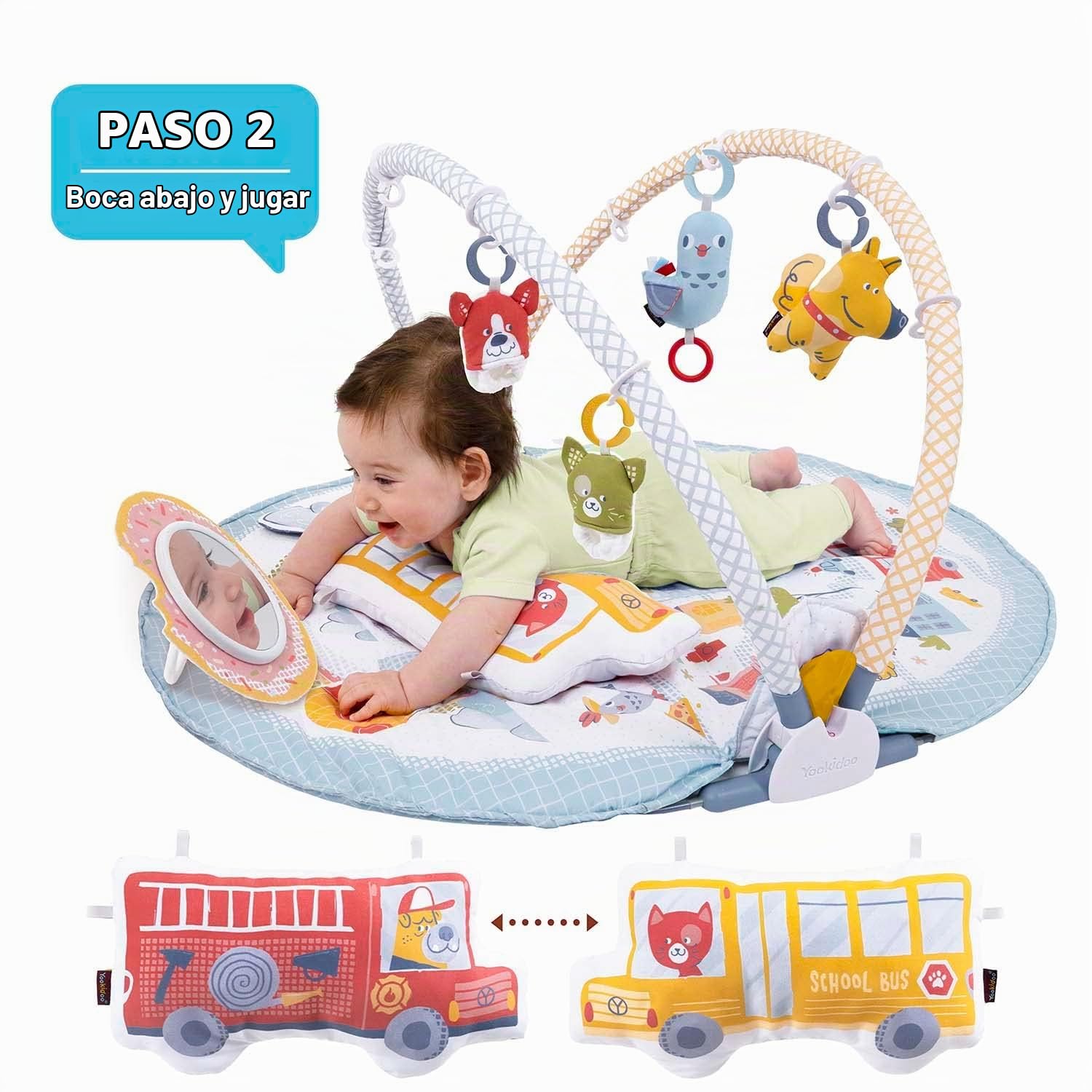 Yookidoo 3-en-1 Urban Gimnasio Bebé. Tumbado y Sentado Manta de Actividades con Cojín y Juguetes Infantiles. Fácil Plegado para Llevar. 0-12 Meses