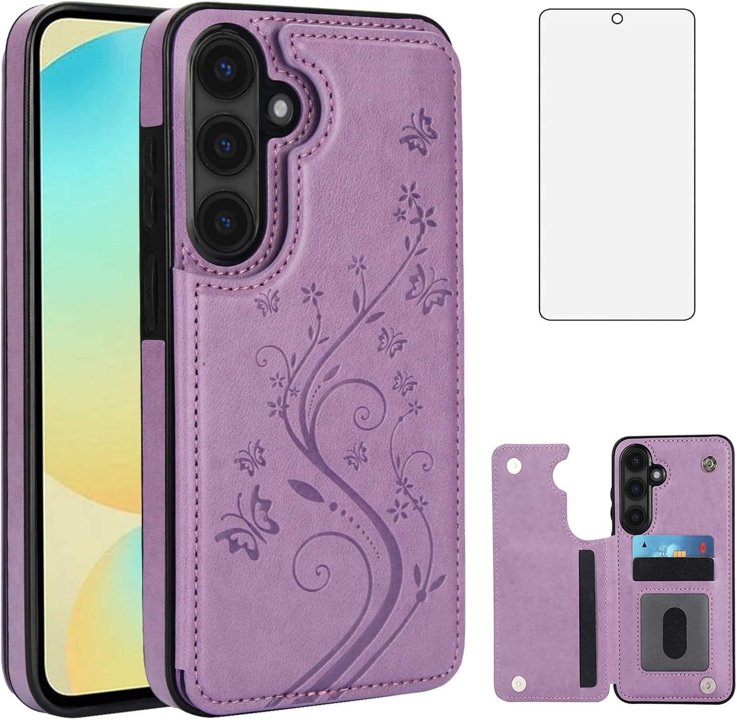 Asuwish Phone Case for Samsung Galaxy S24 FE 5G with Tempered Glass Screen Protector and Card Holder Wallet Cover Stand Flip Leather Cell Accessories S 24 EF S24FE 24S Cases Women Girls Purple