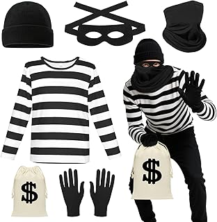 6 Pcs Robber Costume Set for Adult, Burglar Fancy Dress Kit Thief Outfits with Black & White Striped T-shirt Robber Mask Eye Mask Gloves Canvas Bag Beanie for Cosplay Party Dress Up