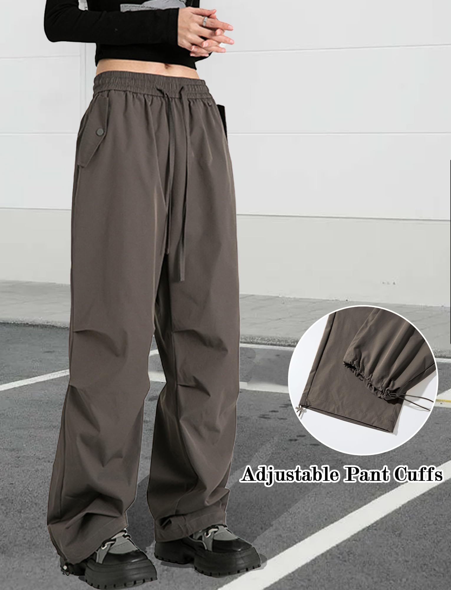 FEOYA Cargohose Damen Leichter Trekkinghose Wasserdicht Wanderhose Y2k Baggy Parachute Pants Atmungsaktiv Outdoorhose