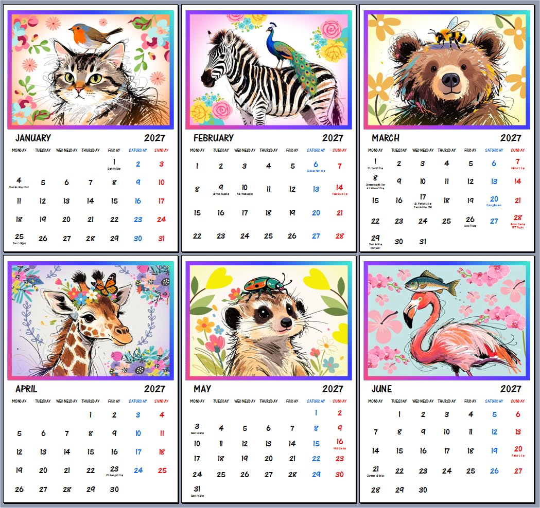 Cute Cartoon Animals 2027 Wall Calendar A4 Size For Each Month