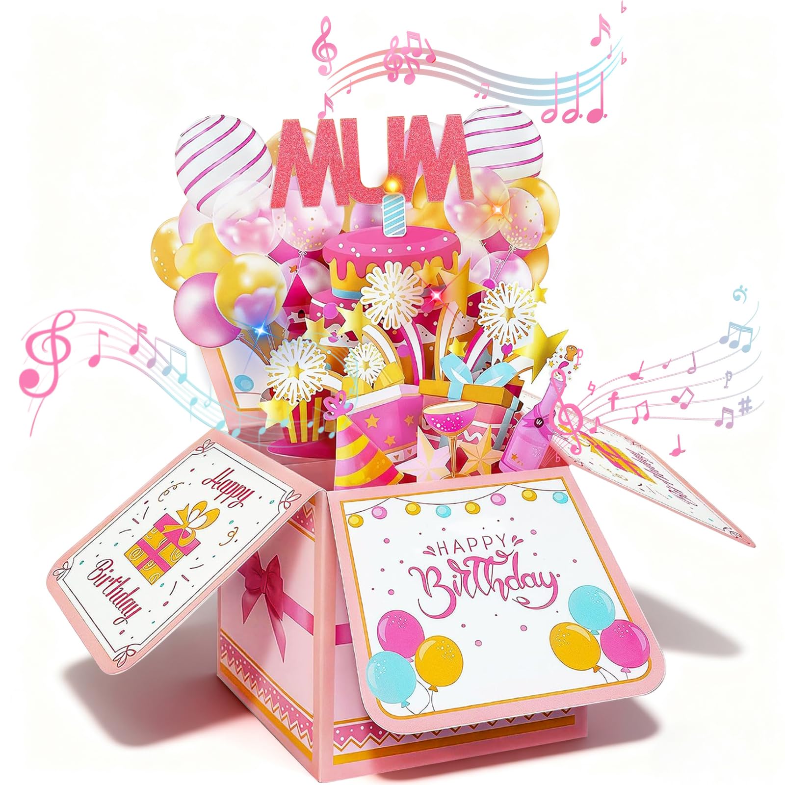 Pop Up Birthday Card for Mum with Music and Lights, 3D Cake Design Blow Out Candle Greeting Card with Envelope, Musical Happy Birthday Mum Card Gift for Her from Daughter