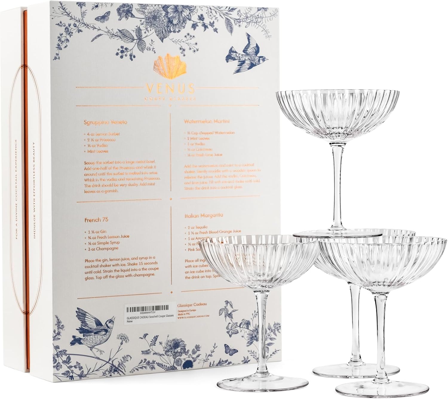 Venus Seashell Coupe Cocktail Glasses | Set of 4 | 8 oz Crystal Ribbed Champagne Saucers for Drinking P-Star and Espresso Martini, Margarita, Daiquiri, Cosmopolitan, Gimlet | Elegant Gift Glassware