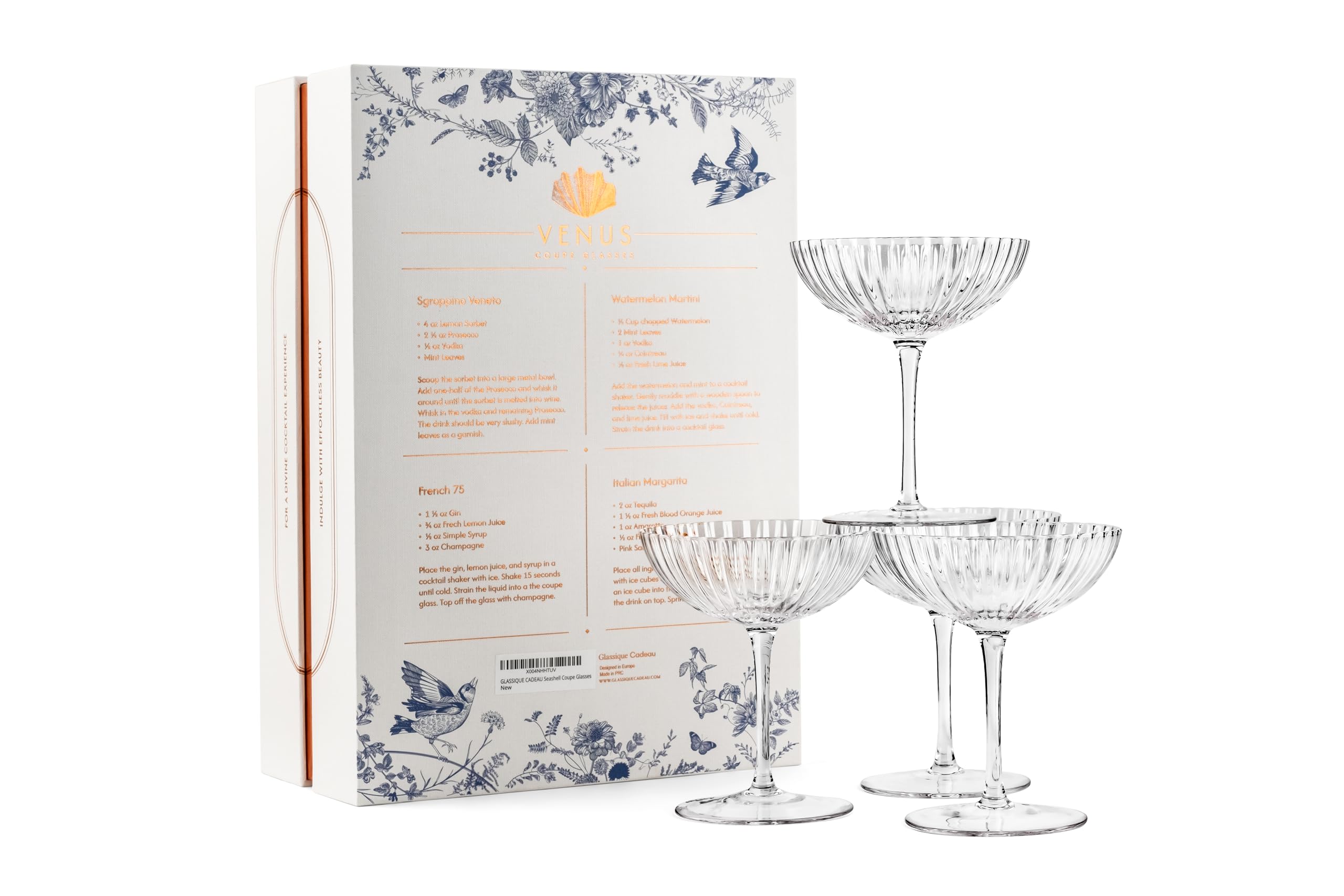 Coupes à Cocktail Coquillage Venus | Lot de 4 | 240 ml | Coupes à Champagne en Cristal Côtelé pour P-Star, Espresso Martini, Margarita, Daiquiri, Cosmopolitan, Gimlet | Verrerie Cadeau Élégante