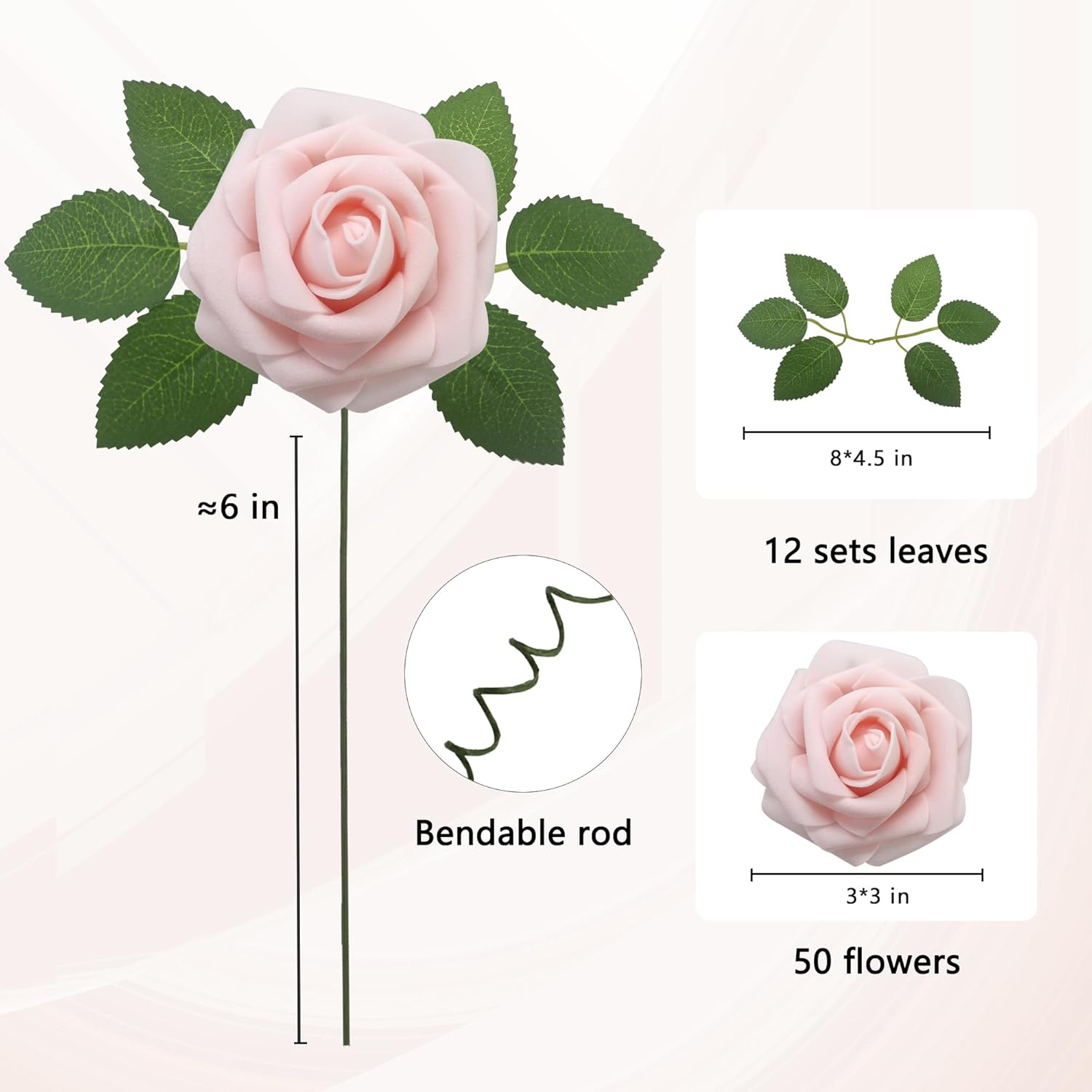 JOYLEX Artificial Flowers Realistic Roses, 50pcs Real Looking Fake Roses with Stem for DIY Wedding Bouquets Centerpieces Bridal Shower Party Home Romantic Decorations (Light Pink)
