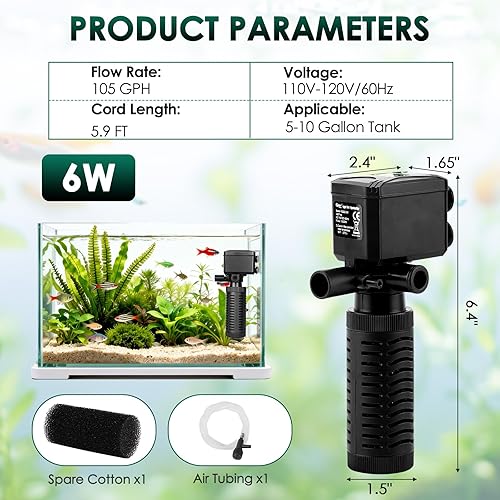 Miniatura 5 de hygger Filtro sumergible para acuario, filtración en tanque de bajo ruido con aireación, 105 GPH para filtros de tanque de peces de agua dulce y