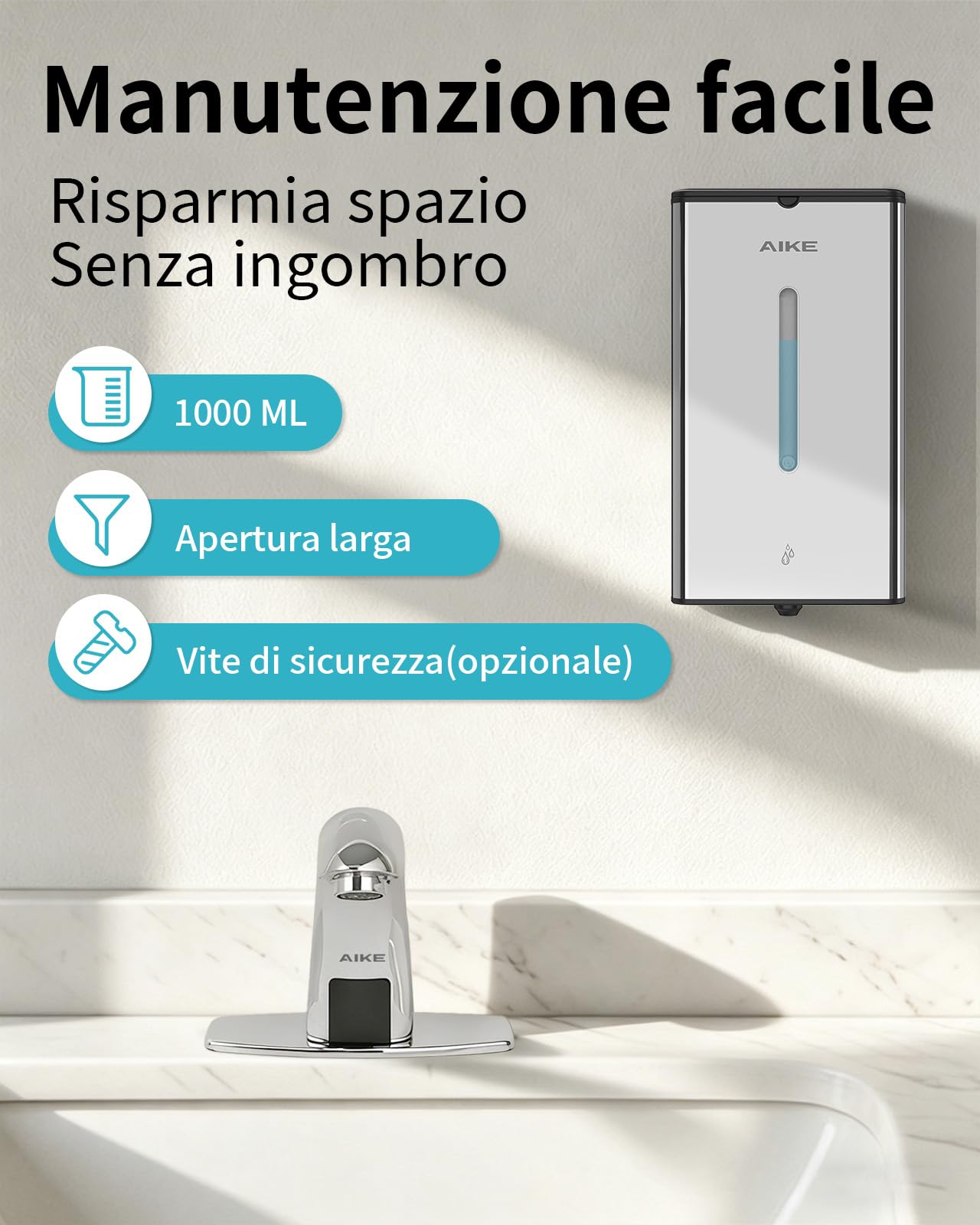 AIKE Square Dispenser Automatico Per Sapone Liquido, 1000 ML A Parete, Finitura Acciaio Inossidabile, AK1207