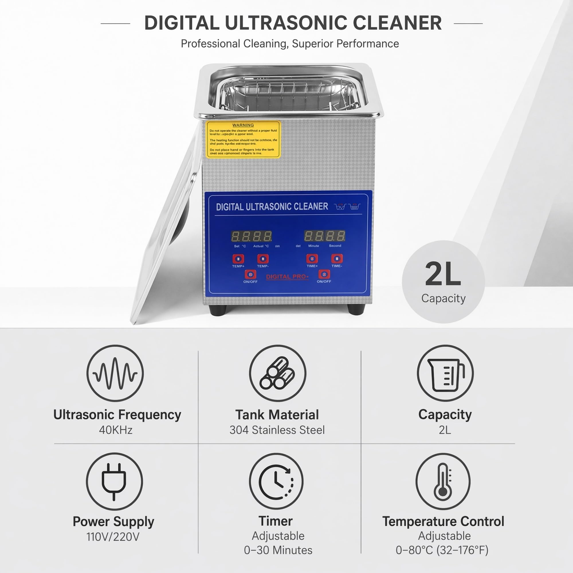 Pulitore a Ultrasuoni 40KHz con Riscaldamento e Timer Digitale, Macchina per Pulizia a Ultrasuoni per Gioielli, Occhiali, Dentiera, Apparecchio Ortodontico, Bite, Orologi, Monete e Parti Metalliche