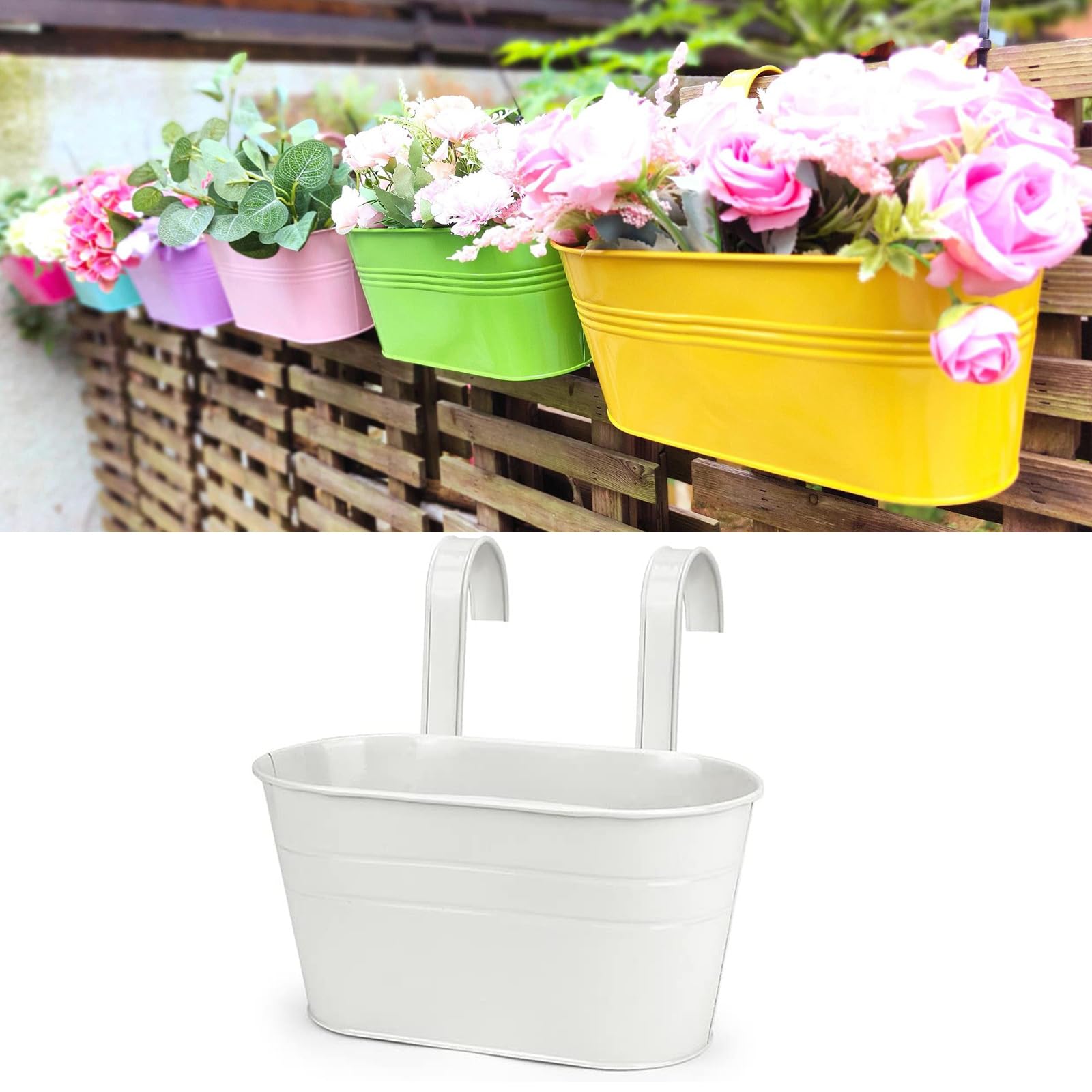 Metal Hanging Flower Pots, Fence Hanging Planters Flower Pots Holder, Vase Bucket Fence Pot Garden Planter with Hook,Balcony Home Garden Decor,Spring Summer Decorations for Home