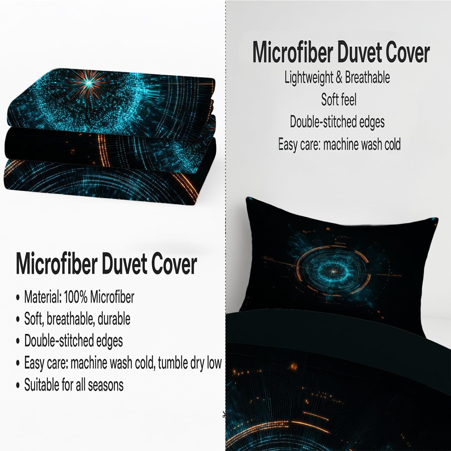 Soft Touch Design Black Blue Fantasy Bedding Set Mystery Future Technology Machine Washable Microfiber for Teen Duvet Cover 150 x 200 cm