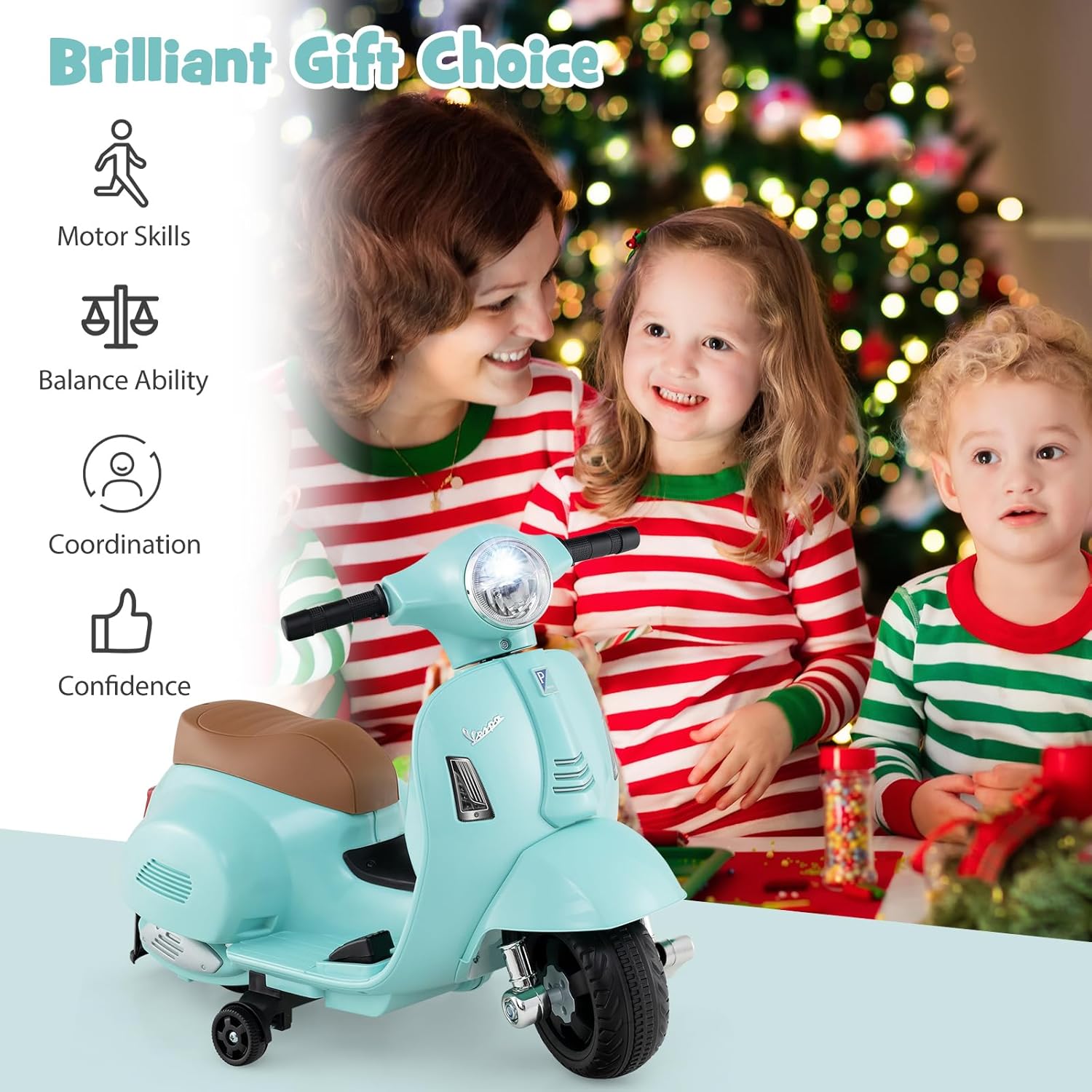 Costzon Toddler Motorcycle, Licensed Vespa Ride on Motorcycle with Training Wheels, LED Headlight & Horn Sound, Ride on Toy, 6V Battery Powered Motorbike, Gift for Boys & Girls, 1-3 Toddlers (Blue)