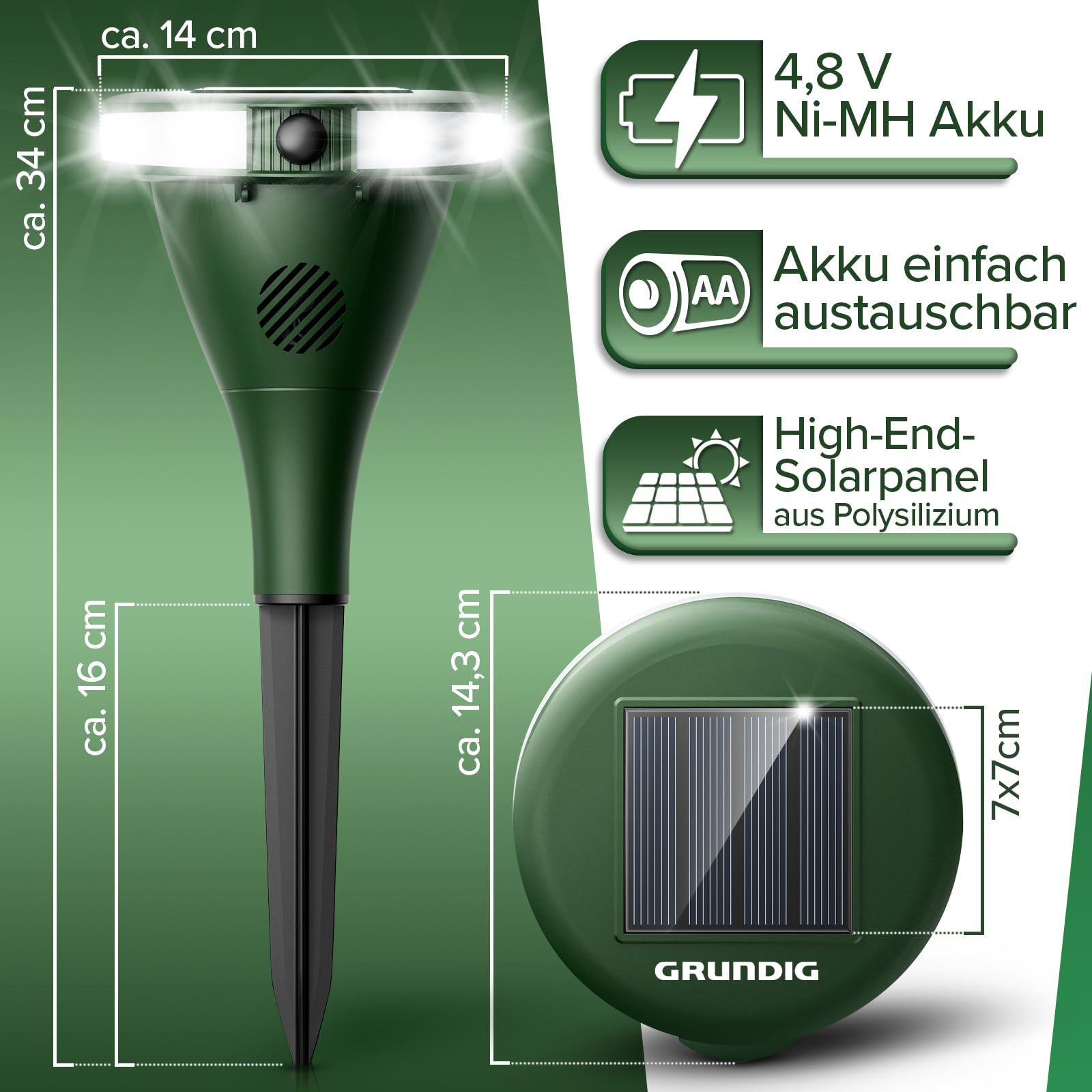GRUNDIG perfekte Ultraschall Abwehr gegen Katzen und Hunde im Garten - 360 Grad Katzenschreck Hundeschreck Bewegungsmelder mit 8 Blitzlichtern, 2 Frequenzbändern, Solar, Akku, IP44 wasserdicht (Gerät)