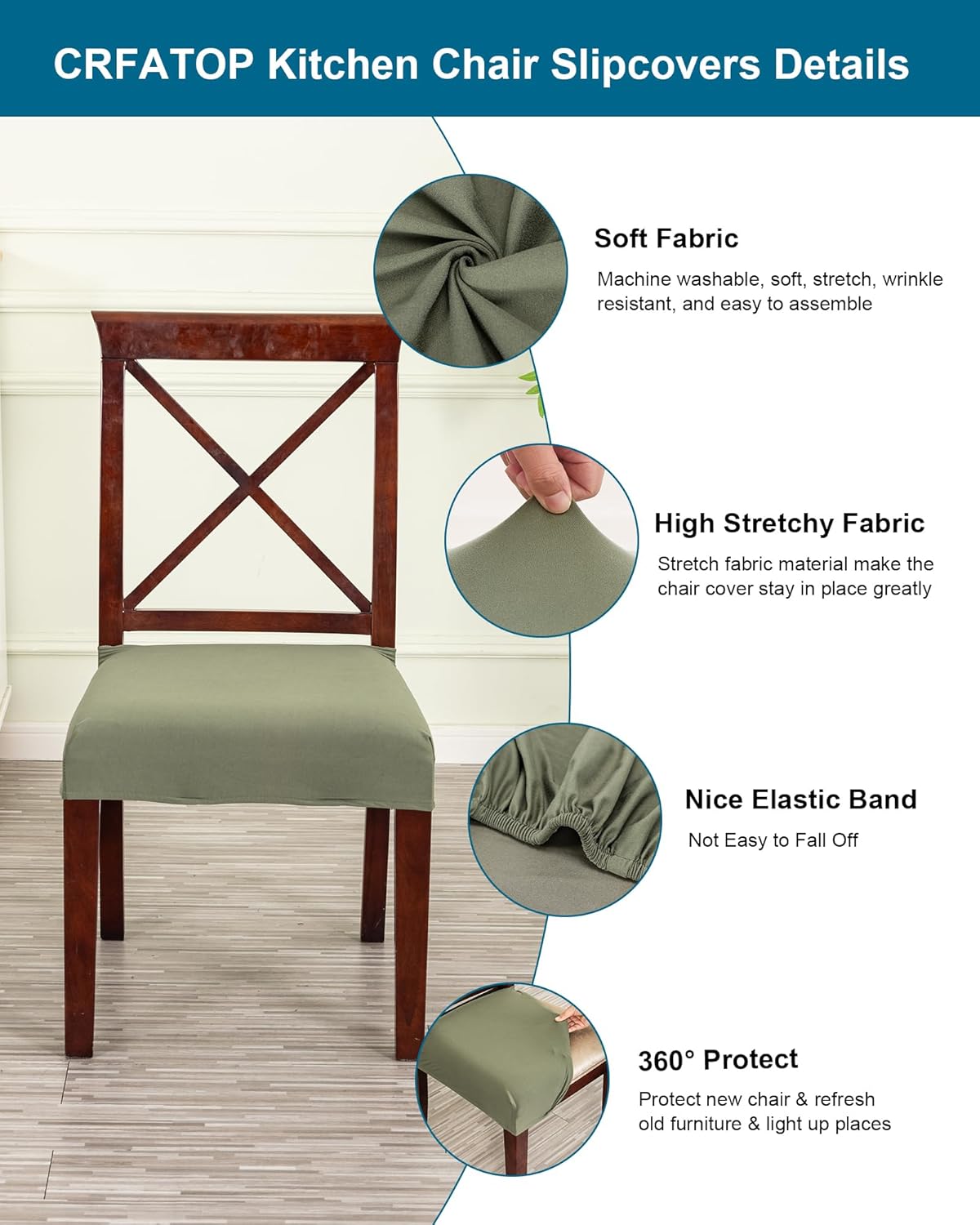 CRFATOP Waterproof Dining Chair Seat Covers Set of 4, Stretch Dining Room Cushion Slip Cover Non-Slip Seat Slipcover for Dining Chairs Washable Removable Parson Kitchen Chair Protectors,S,Green