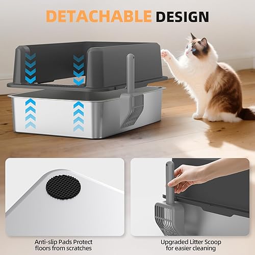 Miniatura 6 de Caja de arena cerrada de acero inoxidable para gatos con tapa, caja de arena extra grande XL para gatos grandes, bandeja de arena de metal de lado