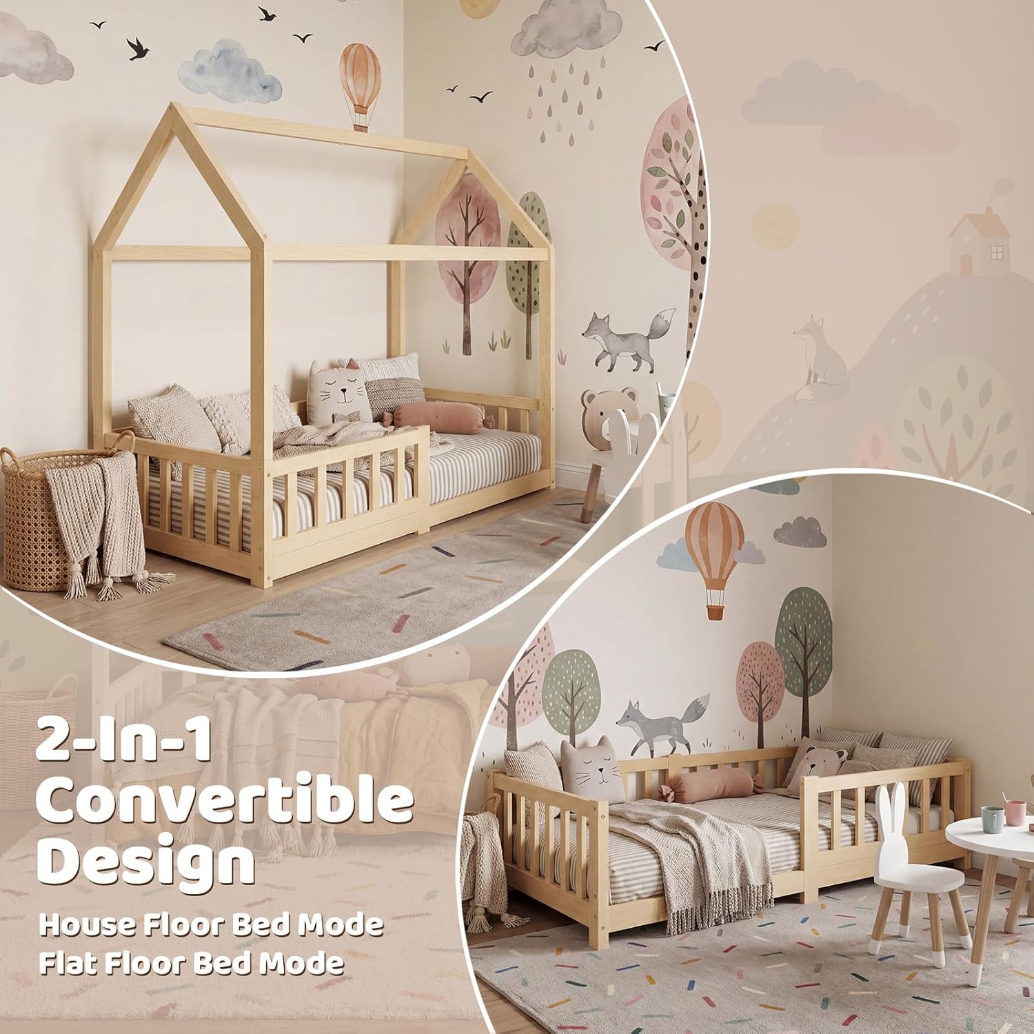 Toddler Bed, Toddler Floor Bed with Safety Guardrails, Wood Montessori House Bed with Roof, Low Toddler Bed Frame with Slats for Kids Girls Boys, Natural Wood