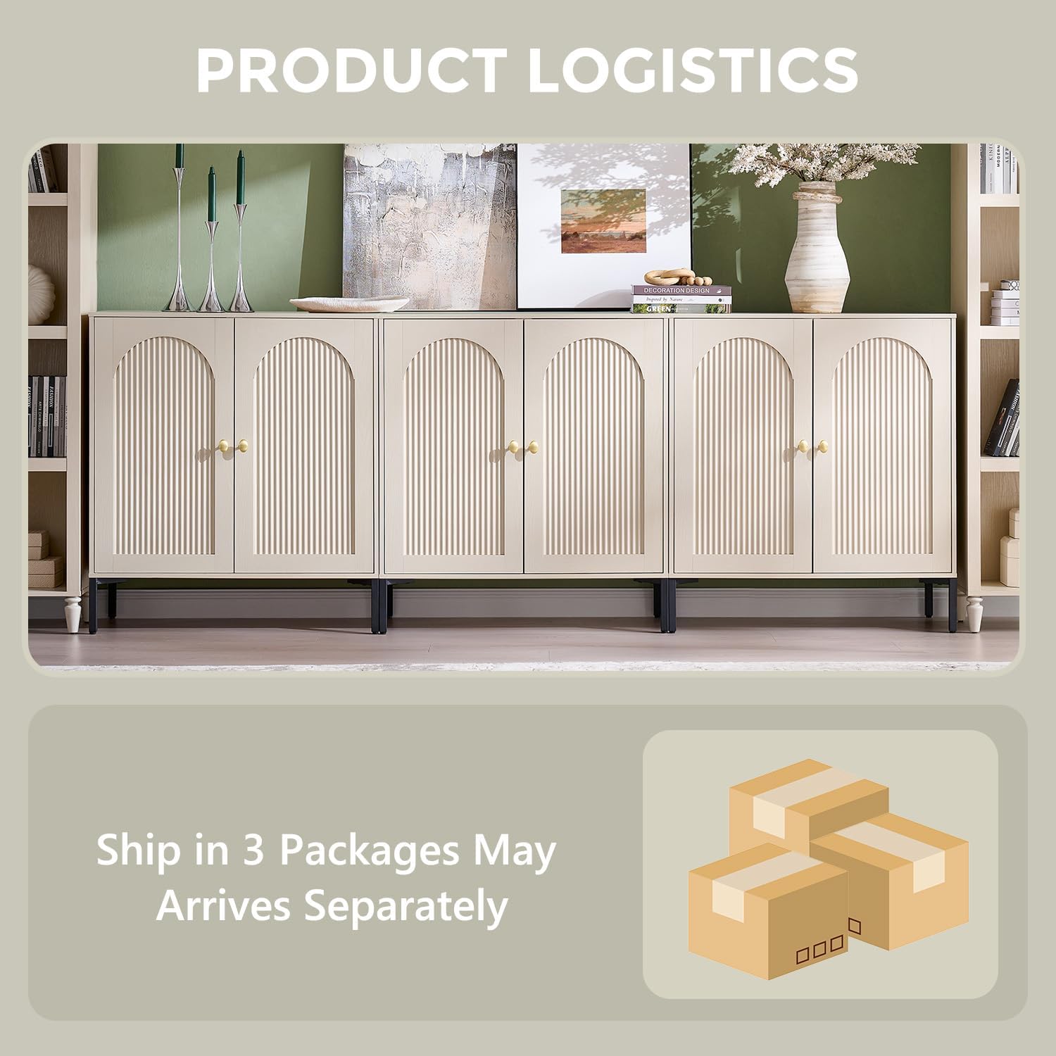 IFGET Modern TV Stands for 80 Inch tvs, 92.63" W Wood Entertainment Center w/Adjustable Shelves, Mid Century Modern TV Stand w/Arched Fluted Doors, Media Console Cabinet for Living Room, Cream