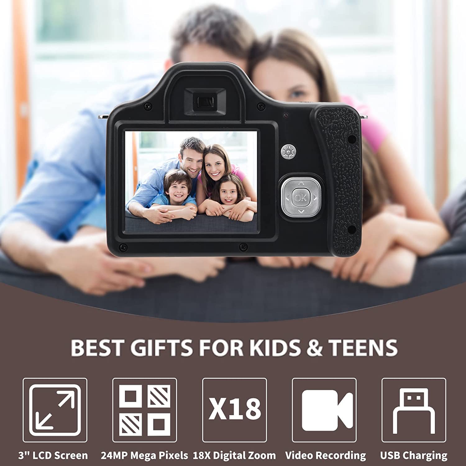 Appareil Photo Reflex Numérique HD Zoom 18X, écran LCD HD 3 Pouces, CMOS 5MP, Capteur Jusqu'à 24MP, Objectif F/2.9 F=4.1mm, Distance Focale 20-30CM,(Version Standard + Objectif Grand Angle)