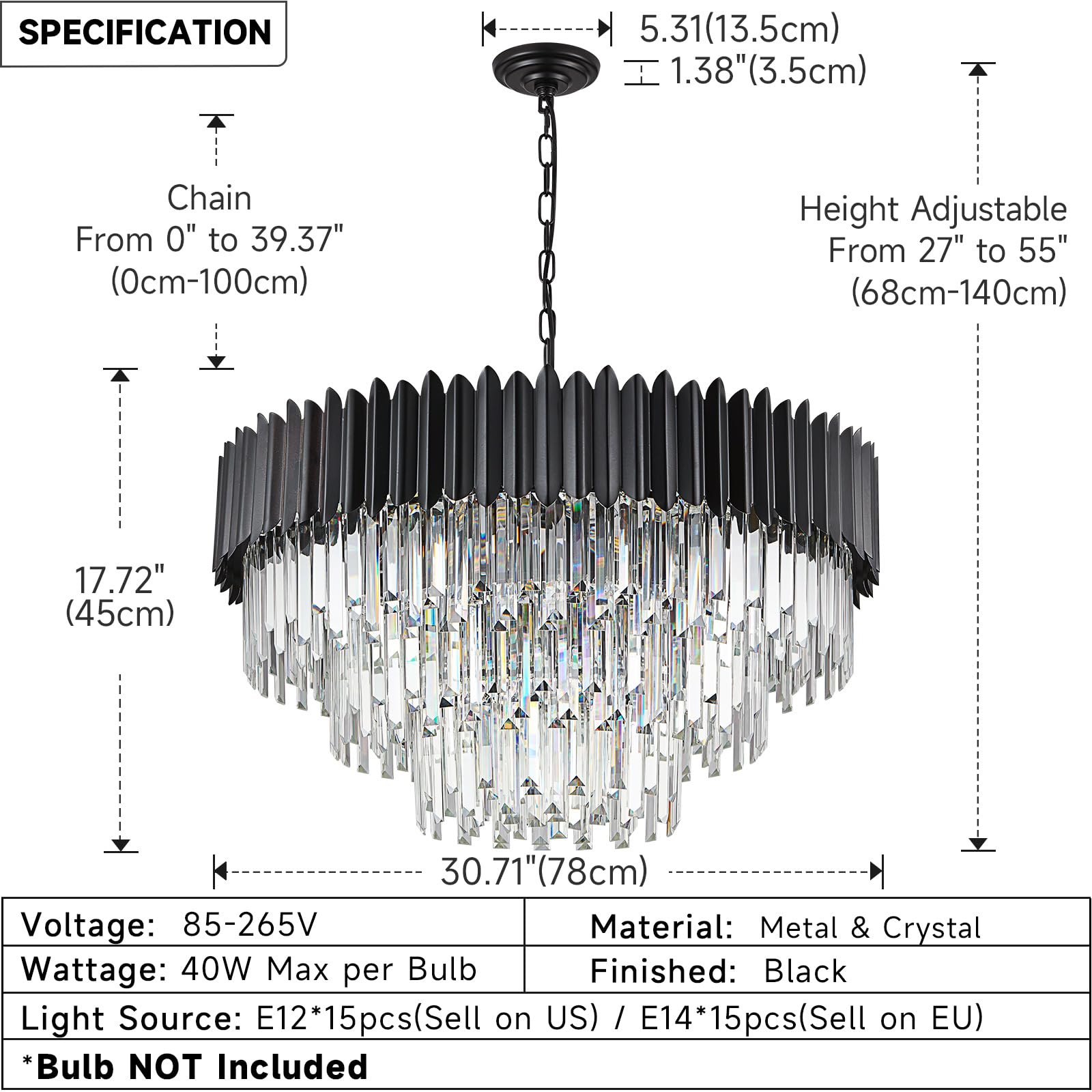 Moderna luce a sospensione di cristallo di lusso, lampadario di cristallo nero, 15xE14 Luce del lampadario a goccia Luce a soffitto a incasso per la sala da pranzo, Φ80cm