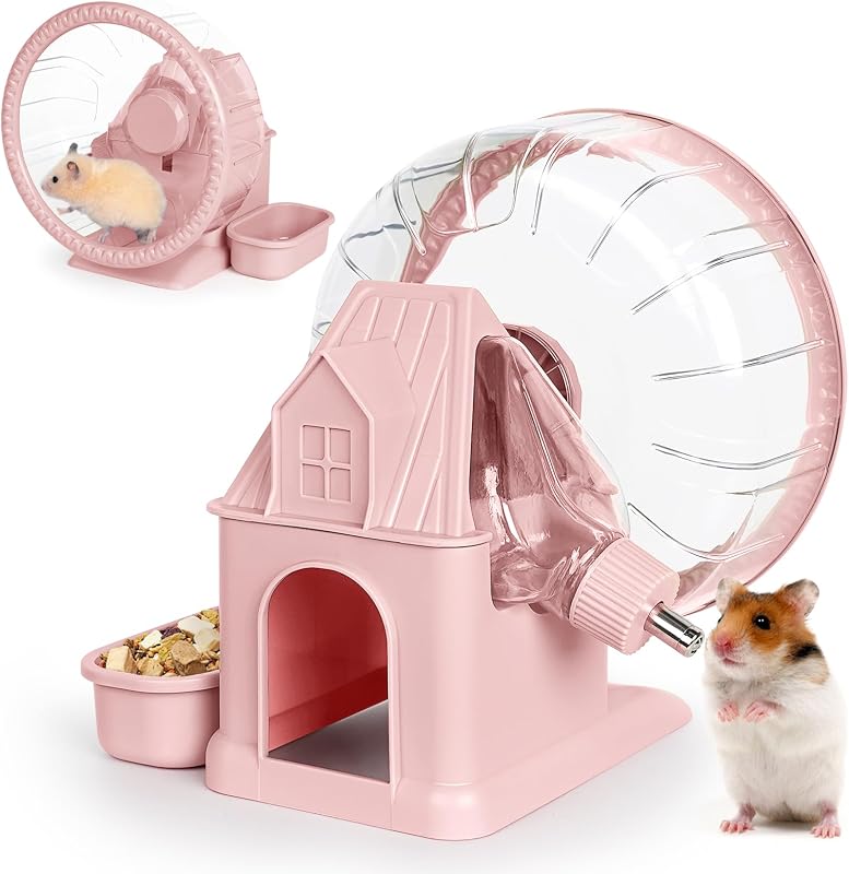 Vannon 4 in 1 Quiet Hamster Exercise Wheel, Multi Functional Hamster House with Running Wheel, Water Bottle, Food Bowl and Hideout, Small Animals Exercise Running Toys for Hamsters Gerbils Mice, Pink
