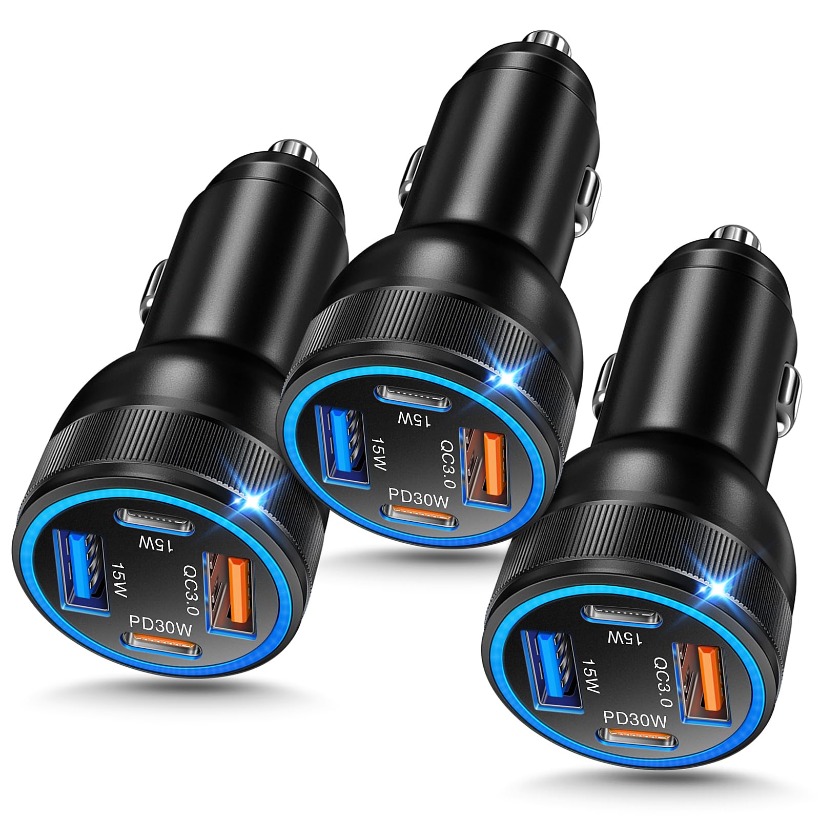 3-Pack Car Charger,4-Port 65W PD+QC 3.0 Car Charger USB C Fast Charge,Dual USB-A & USB-C Car Phone Charger Compatible with iPhone 17/16/15 Pro Max, Samsung Galaxy S25 S24 S23, iPad