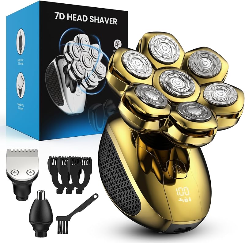 Barbeador elétrico rotativo feysfew HC02 para cabeça, 7D, IPX7, uso seco e molhado, visor LED, carregamento USB, dourado