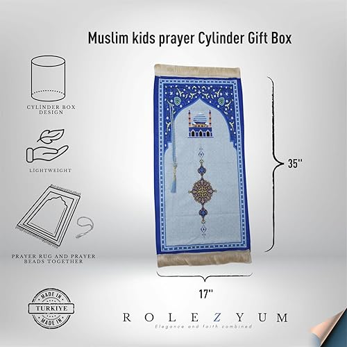 Miniatura 5 de Alfombra de oración musulmana para niños y cuentas de oración con caja de regalo cilíndrica de diseño elegante, Janamaz, Sajadah, juego de regalo
