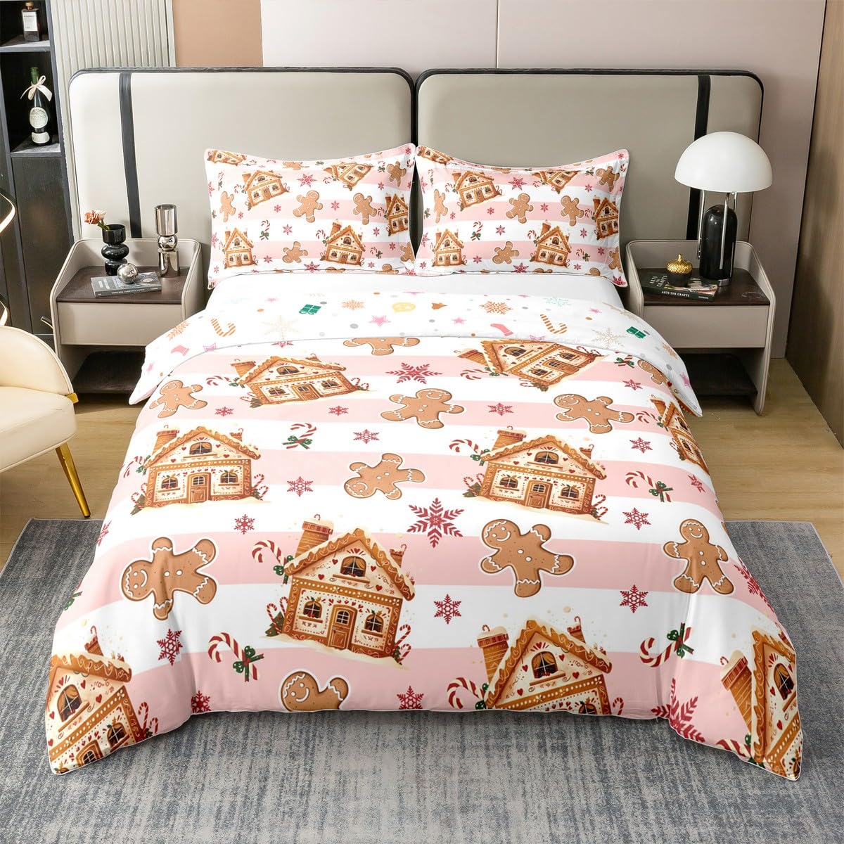 Loussiesd Pink Christmas Gingerbread Man Duvet Cover Set Gingerbread House Bedding Set Super Super King Size for Kids Boys Girls Christmas Snowflake Comforter Cover — image 1