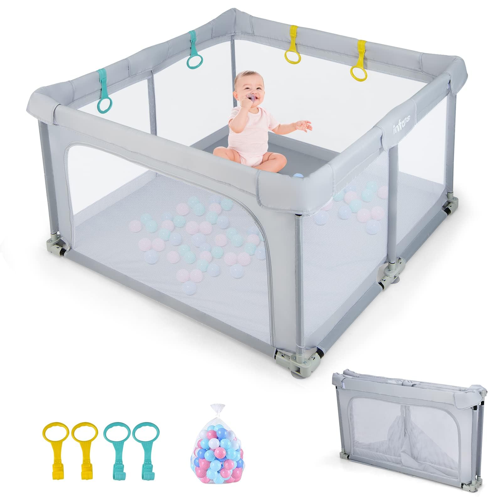 RELAX4LIFE Recinto Pieghevole per Bambini con Box Giochi, 4 Anelli, 50 Palline Oceaniche, Borsa, Porta con Cerniera, Senza Montaggio, in Tessuto Oxford (Grigio, 127x127cm-Piega a pannelli)