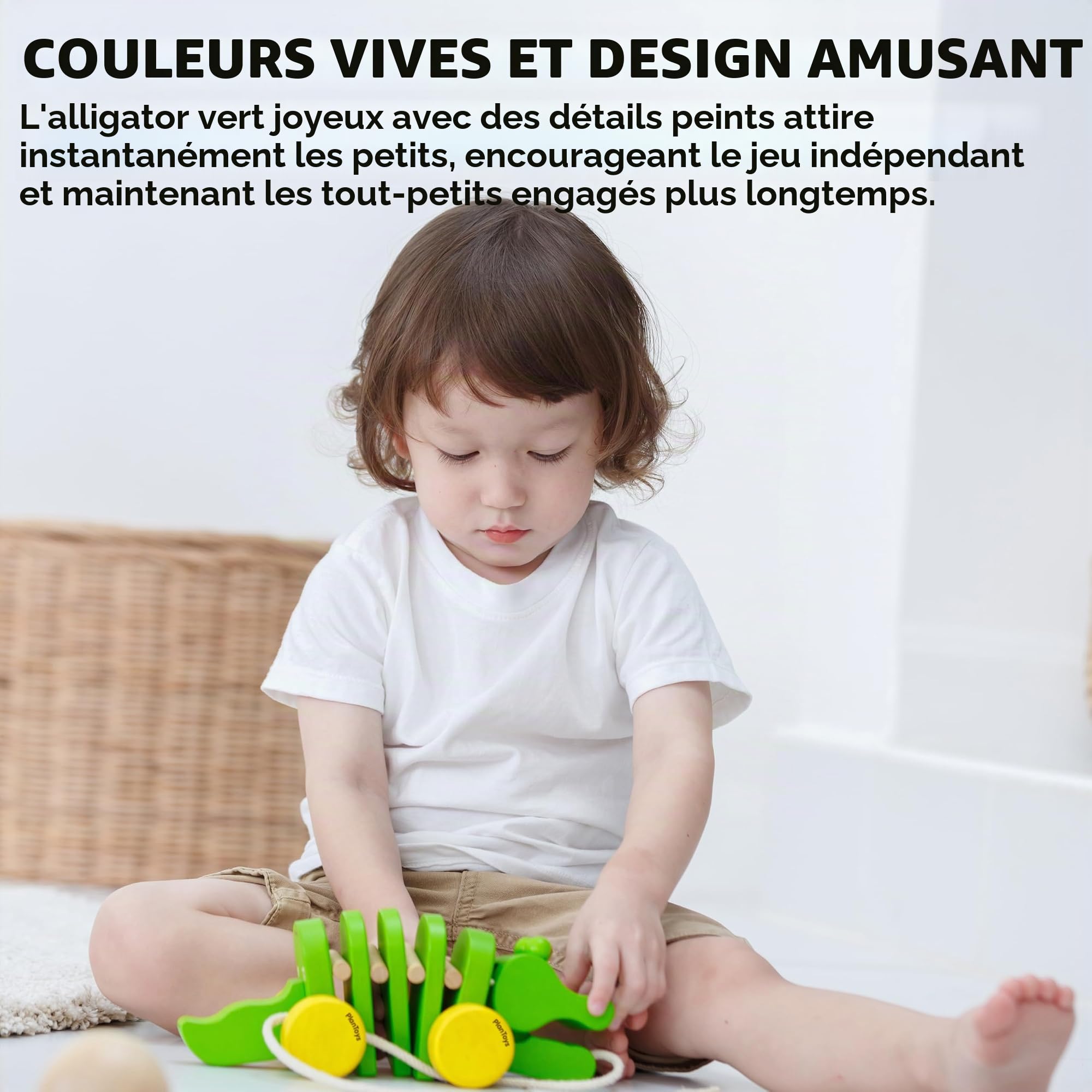 PlanToys Crocodile Dansant à Tirer - Jouet En Bois Dès 12 Mois - Bruit Clac-Clac - Vert