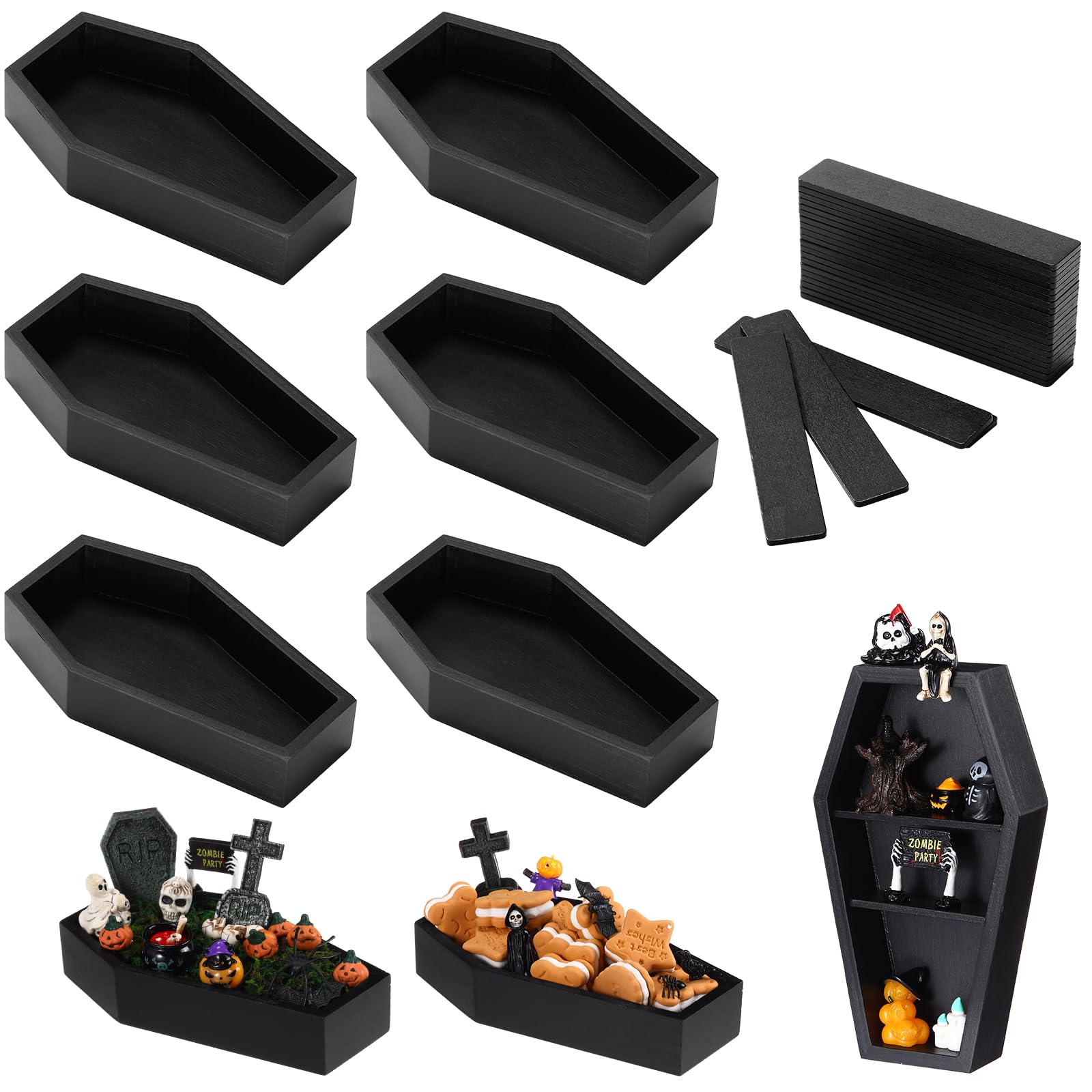 6 Pcs Halloween Coffin Serving Trays Wooden Coffin Charcuterie Board Halloween Platter Shelf Gothic Spooky Decor for Table Party Gift 7 Inch (Black)