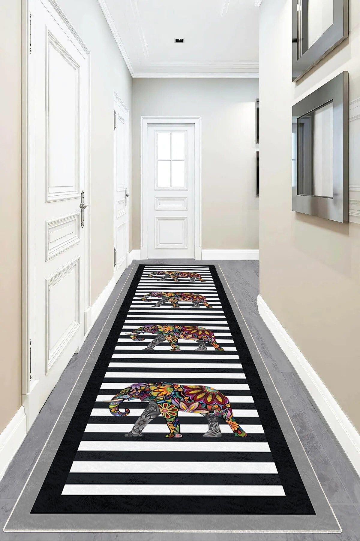 Pelangi Fil Desenli Etnik Dijital Baskı Yıkanabilir Modern Salon Filli Halı ve Yolluk (Siyah), Siyah 80 x 600, 95541223806007