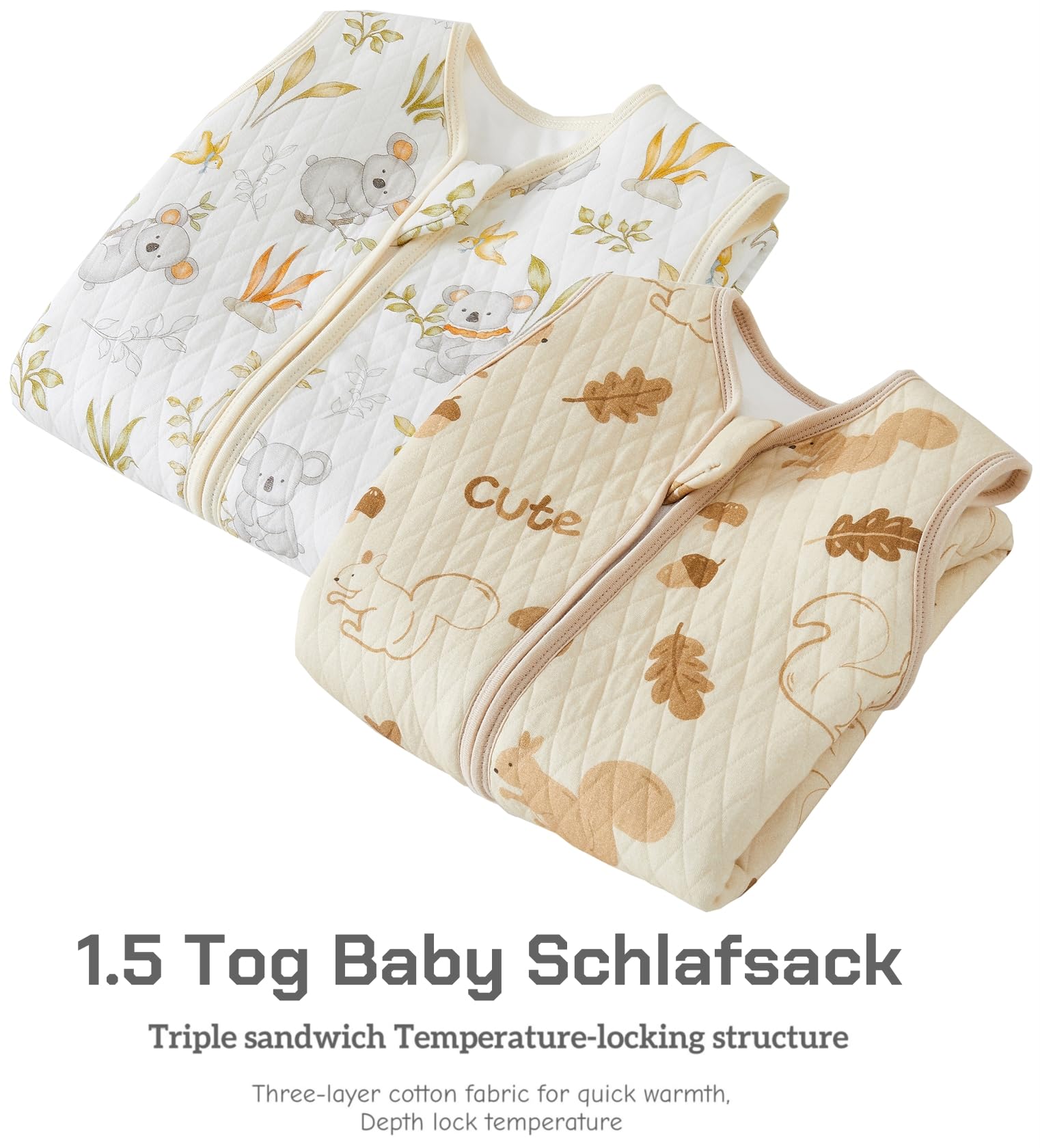 Chilsuessy Sacco nanna per tutto l'anno, con piedi, 1,5 Tog, confezione da 2 pezzi, sacco nanna con gambe in cotone, 1,5 Tog, scoiattolo + koala, 90 cm, altezza del bambino 100-110 cm