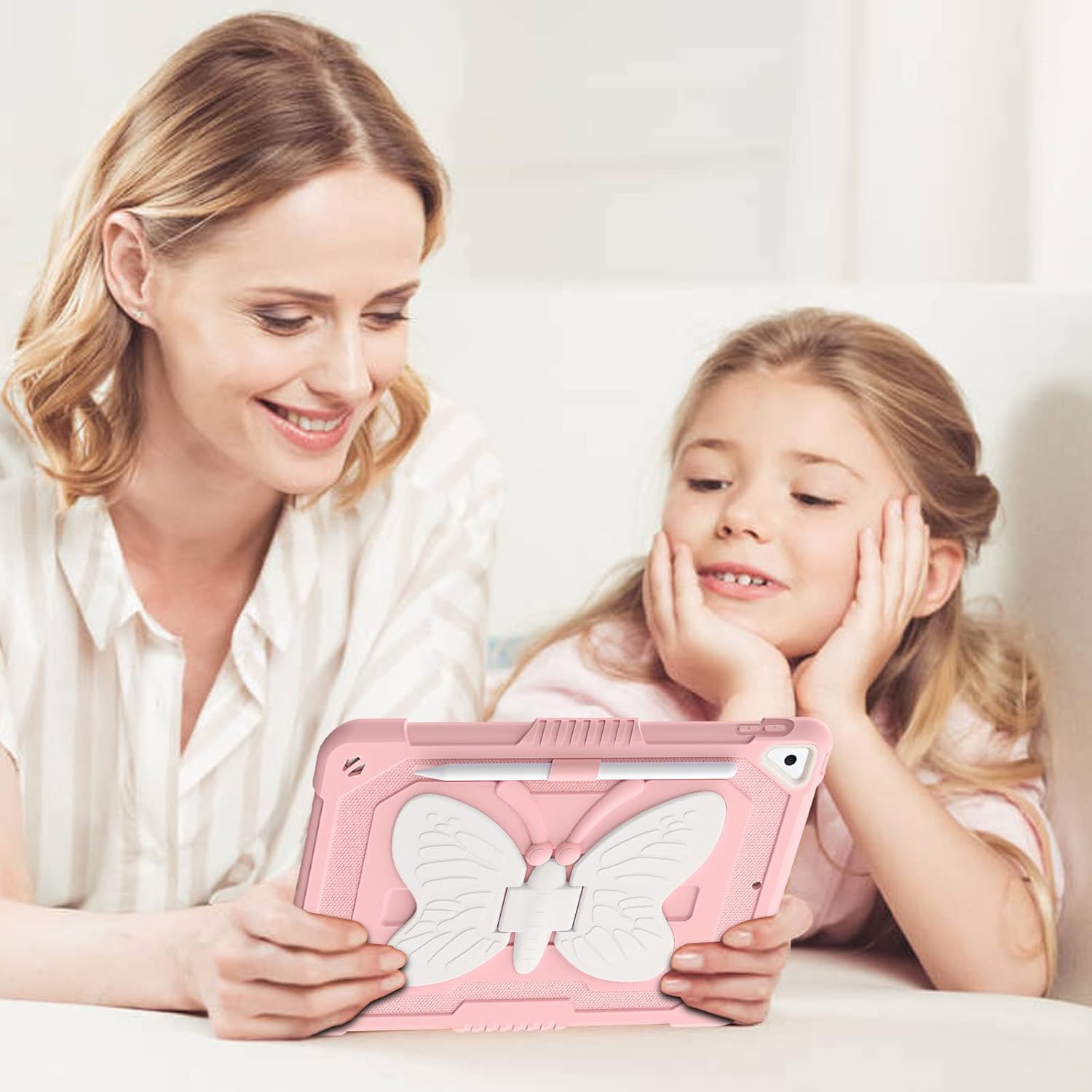 YINLAI for iPad 6th Generation Cases, iPad 9.7 Inch 6th/5th 2018/2017/iPad Air 2nd Gen/iPad Pro 9.7 Case with Pencil Holder Butterfly Kickstand Girls Kids Shockproof Protective Cover, Pink