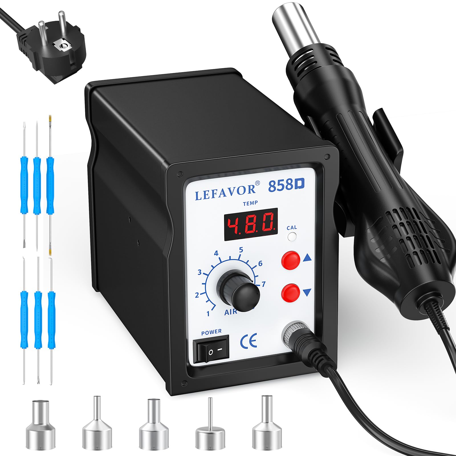 Stazione di saldatura ad aria calda con display digitale a LED – Temperatura regolabile da 100 a 480 °C, controllo del flusso d'aria a 8 livelli, set saldatore a 5 ugelli, adatto per rilavorazione SMD