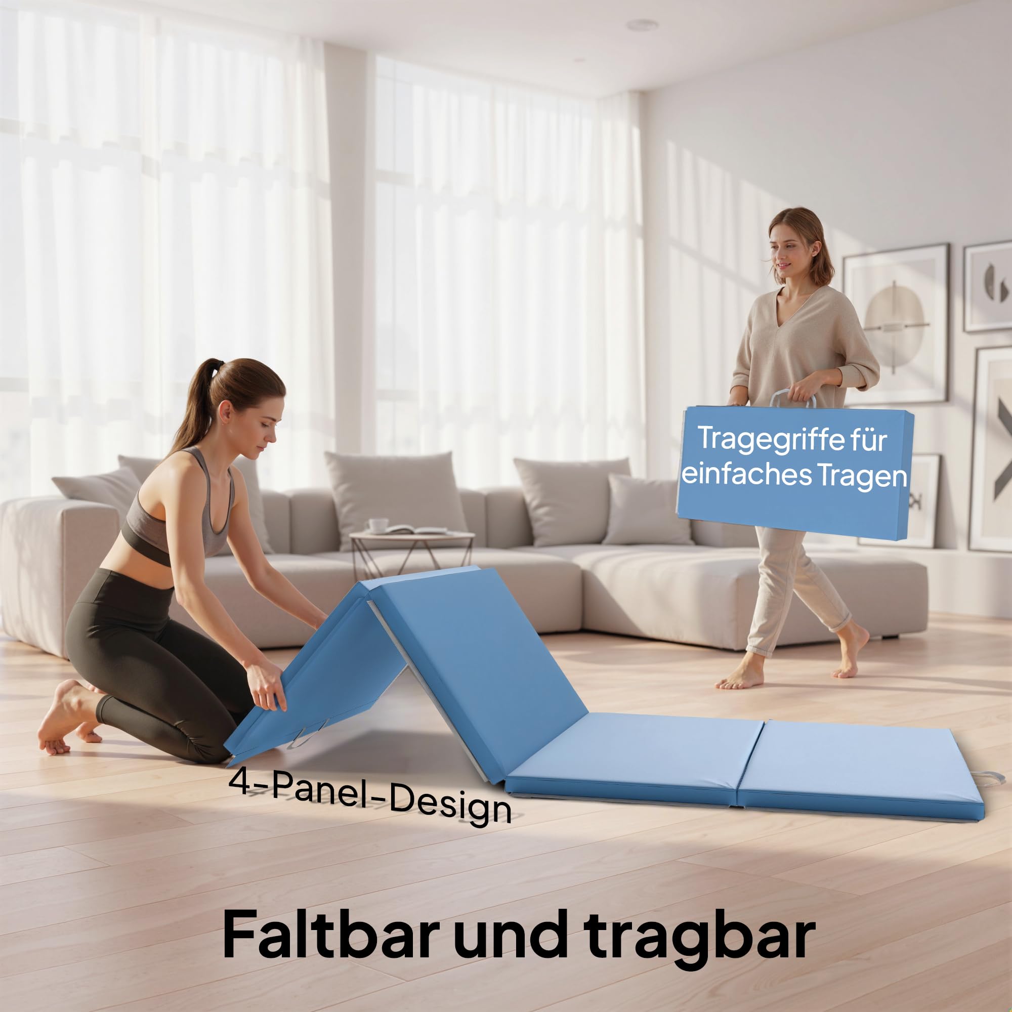 HOMCOM Trainingsmatte, Faltbare Fitnessmatte Sportmatte mit Griffen Gymnastikmatte Gymnastik Tumbling Matte für Yoga, MMA, Fitness, Pilates, Synthetikbezug, Hellblau, 240 x 120 x 5 cm