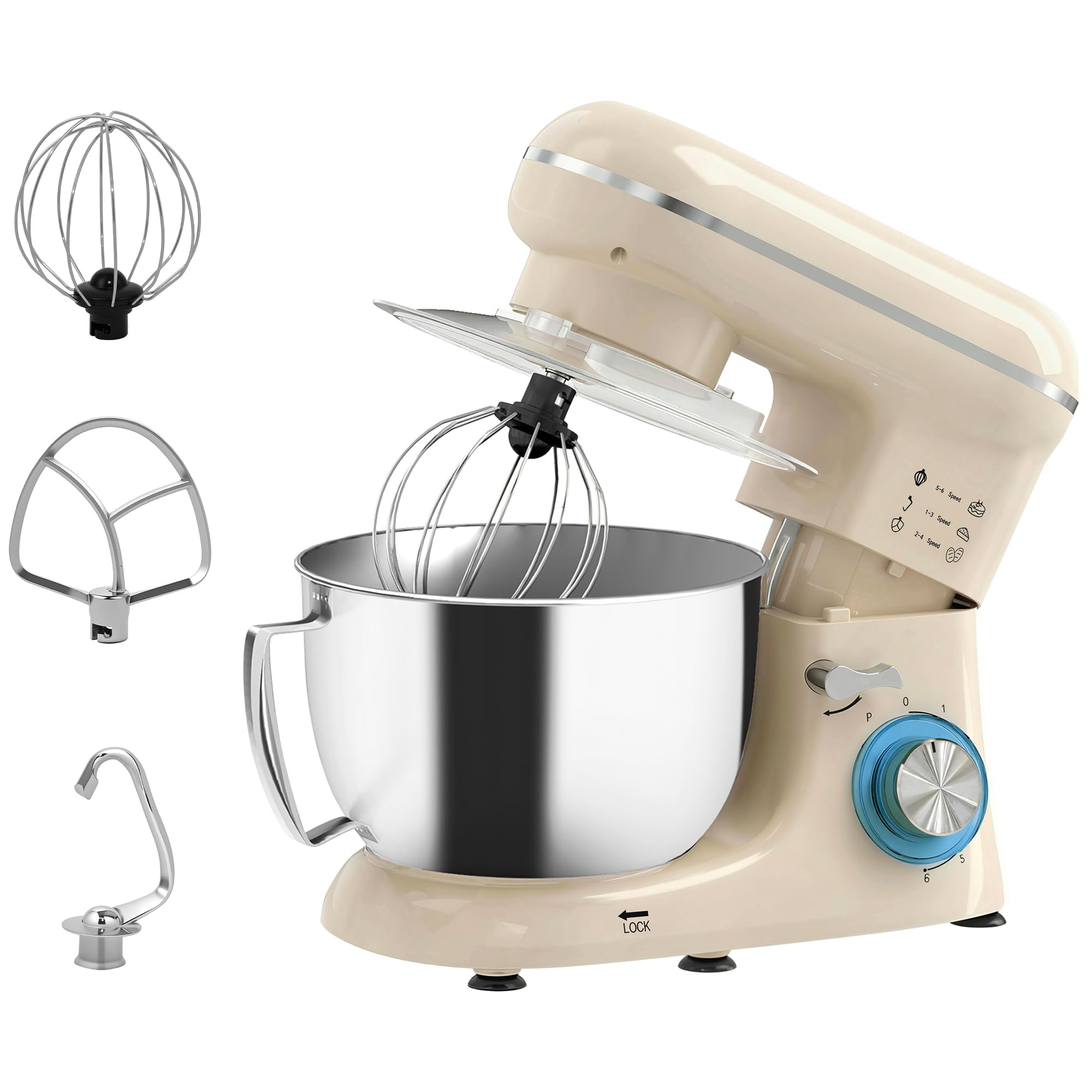 HOMCOM Batidora Amasadora 4,5L, Amasadora de Pan 1300W, Amasadora ReposterÃa, 6 Velocidades, Bol de Acero Inoxidable, Batidor, Gancho, Varilla, Protector contra Salpicaduras, Beige