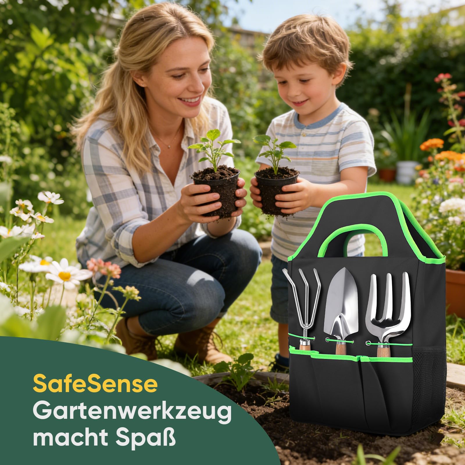 Gartenwerkzeug Set, 10-teilig Gartengeräte aus Hochwertigem Edelstahl, inkl. klein Gartenschaufel Gartenschere Gartentasche Handschuhe