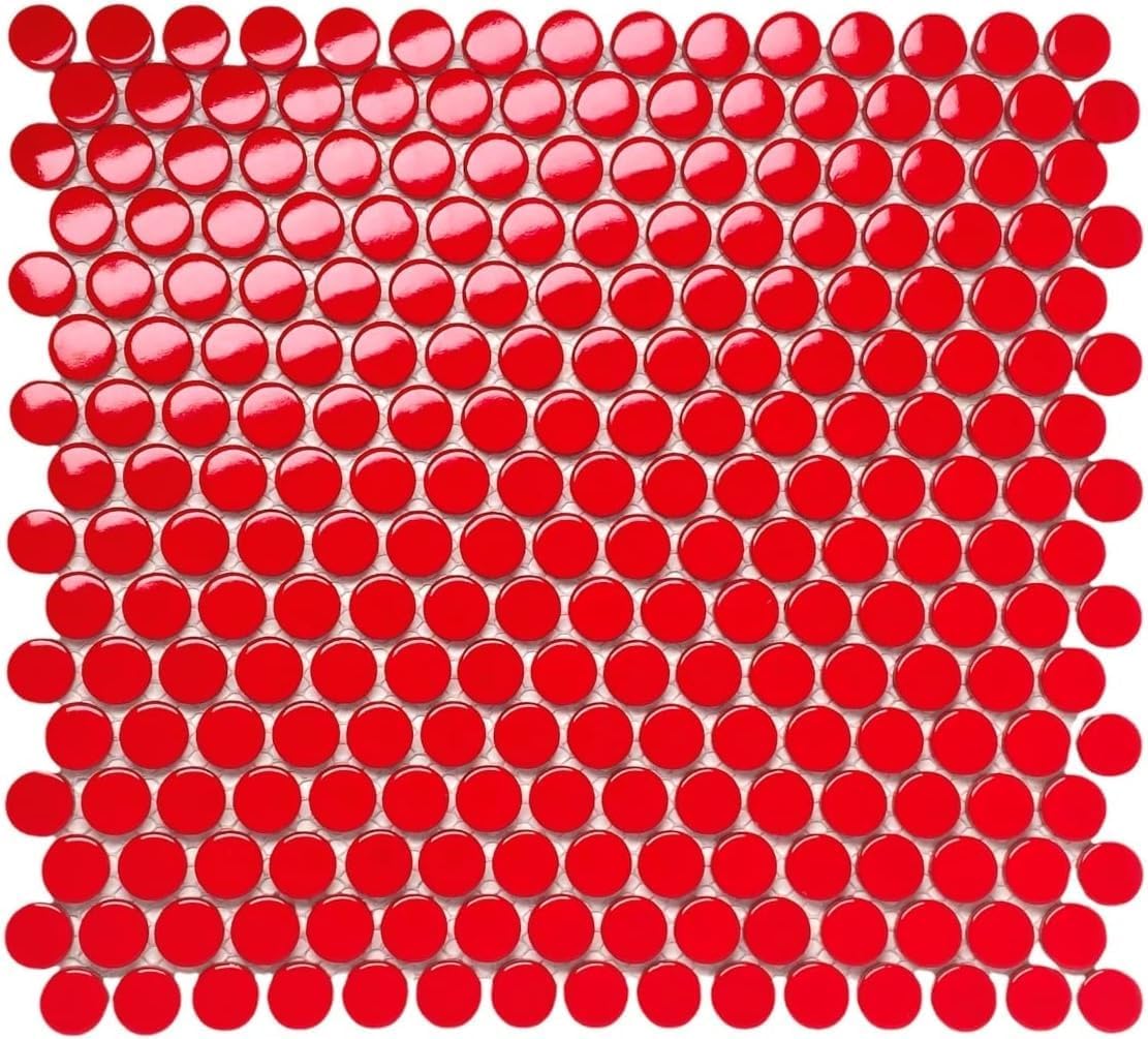 Tenedos PNR-RED Penny Round Vintage Red Porcelain Mosaic Tile – 10-Sheet Pack for Floor, Wall, Backsplash, Shower, Kitchen, Pool & Accent Applications