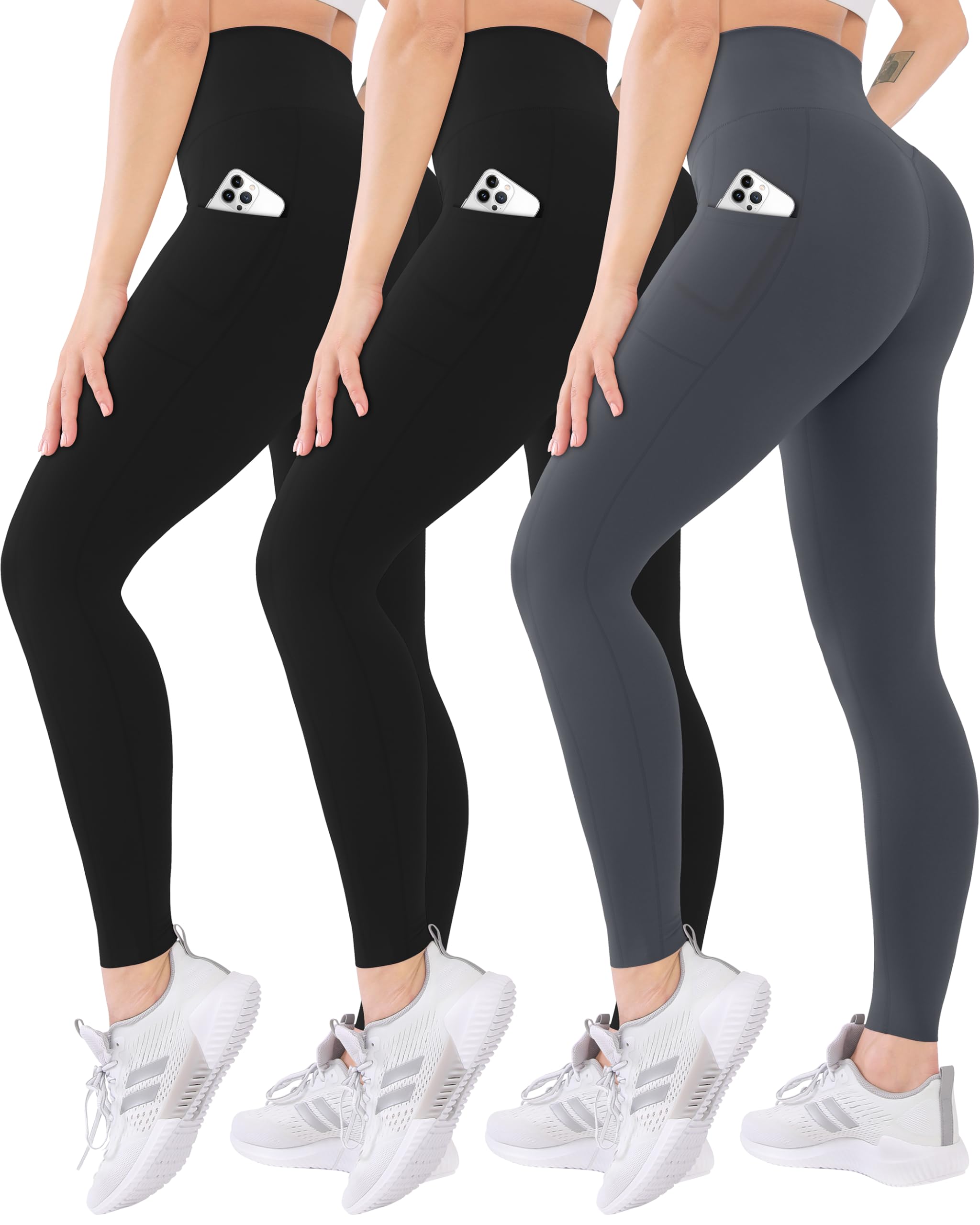 Blisset Paquete de 3 leggings de cintura alta para mujer con bolsillos, pantalones suaves y activos con control de abdomen para yoga, correr y uso diario, 014-negro/negro/gris, XXL