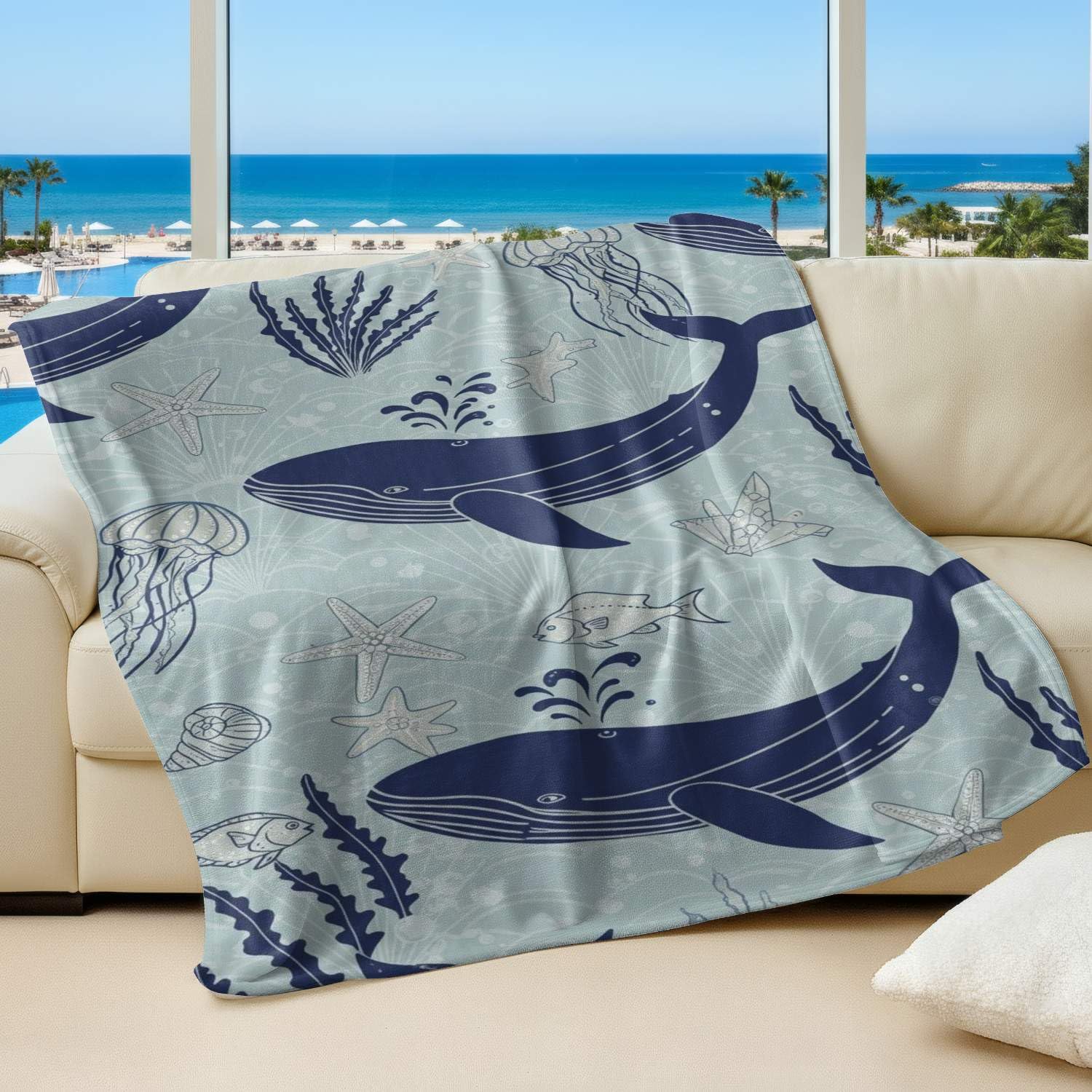 Couverture flanelle douce contre le froid motif baleine des mers profondes