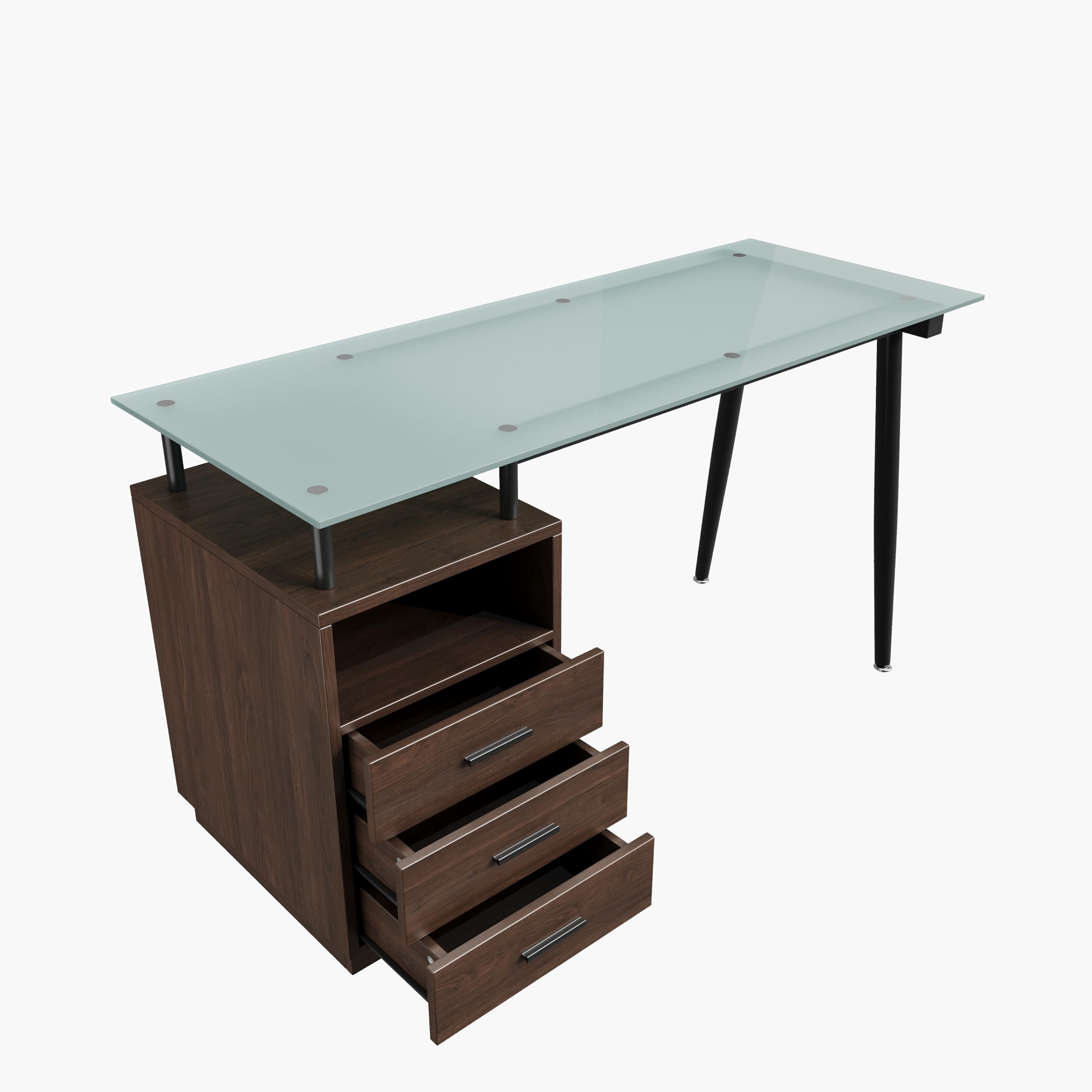 Moderno escritorio 130 x 50 x 75 cm, marrón, placa de cristal, estructura tubular de acero, tres cajones, compartimento abierto, cristal esmerilado templado, asas negras