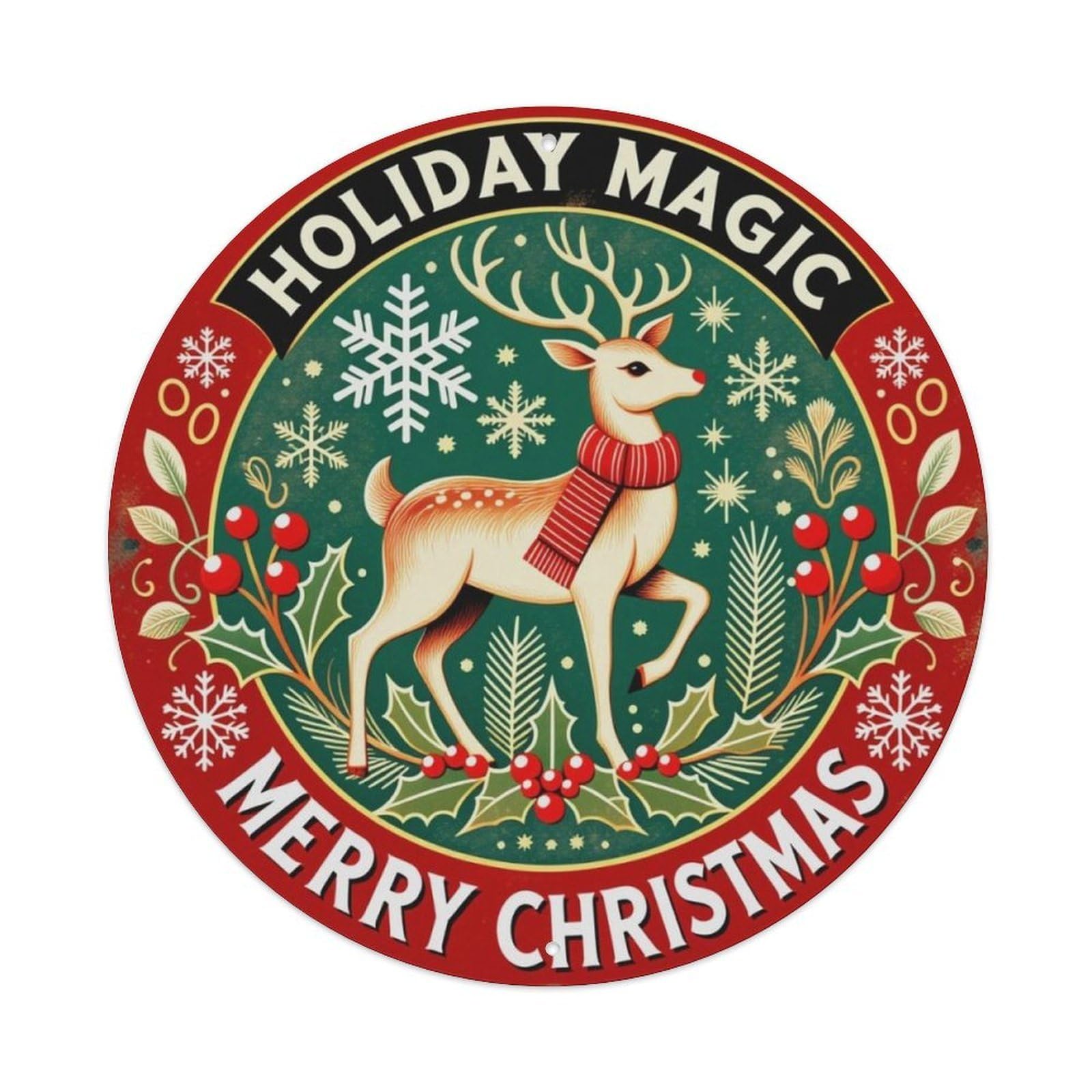 Vintage Christmas Reindeer Holiday Round Decor Sign Vintage Aluminium Metal Sign, Retro Wall Decor for Home, Bar, Garage & Farmhouse 20x20cm