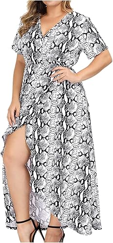JEGULV Vestido largo de talla grande para mujer, manga corta, cuello en V, casual, talla grande, vintage, floral, vestido largo