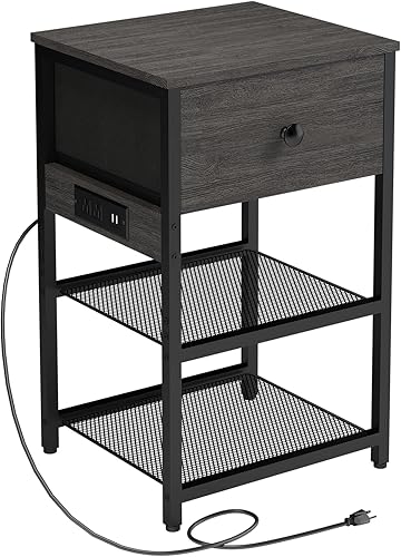 Miniatura 8 de Juego de 2 mesitas de noche con estación de carga, mesitas de noche con cajón 2 en 1 de madera de tela, mesa auxiliar para espacios pequeños, mesa