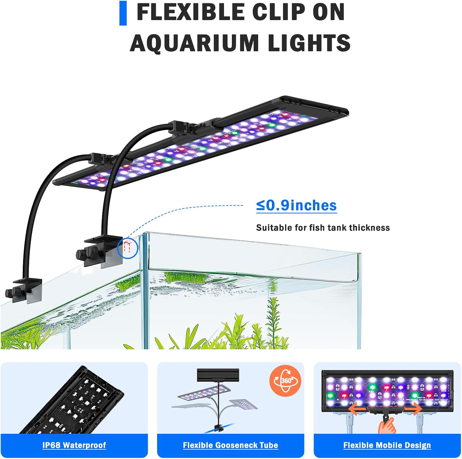 AQQA LED Aquarium Light, 24/7 Mode Clip on Fish Tank Light with Memory Function, DIY Mode Full Spectrum Aquarium Plant Light, Adjustable Timer/Brightness, IP68 Waterproof for 40-48 Inch Fish Tank 35W