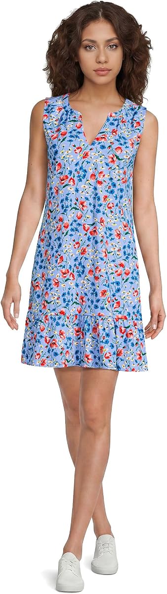 Women's Sleeveless Cotton Jersey Notch Neck Flounce Dress