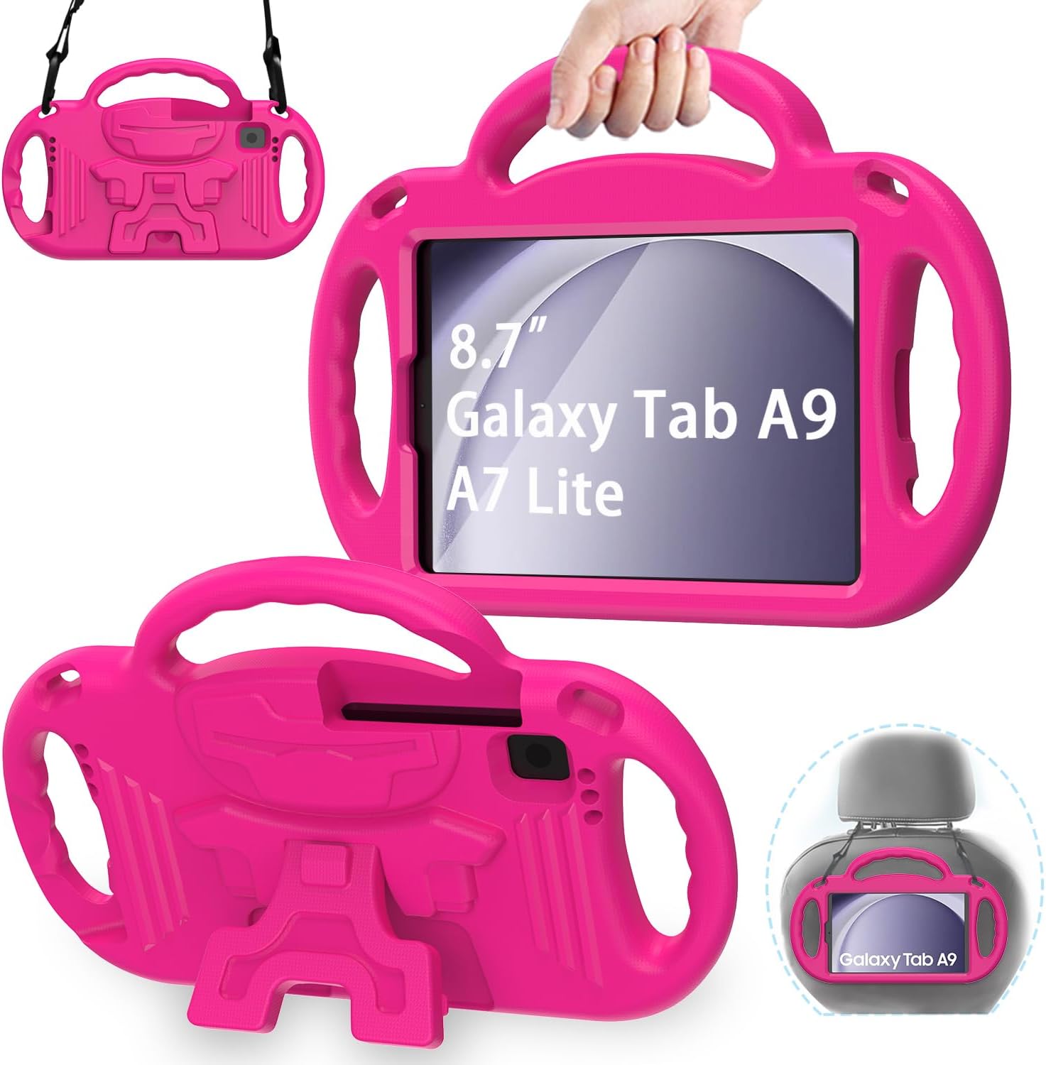 AVAWO Kids Case for Samsung Galaxy Tab A7 Lite 8.7 Inch 2021/A9 8.7 2023, with Strap, Shockproof Lightweight Handle Stand 2021(SM-T220/T225/T227)/2023(SM-X110/X115/X117), Rose