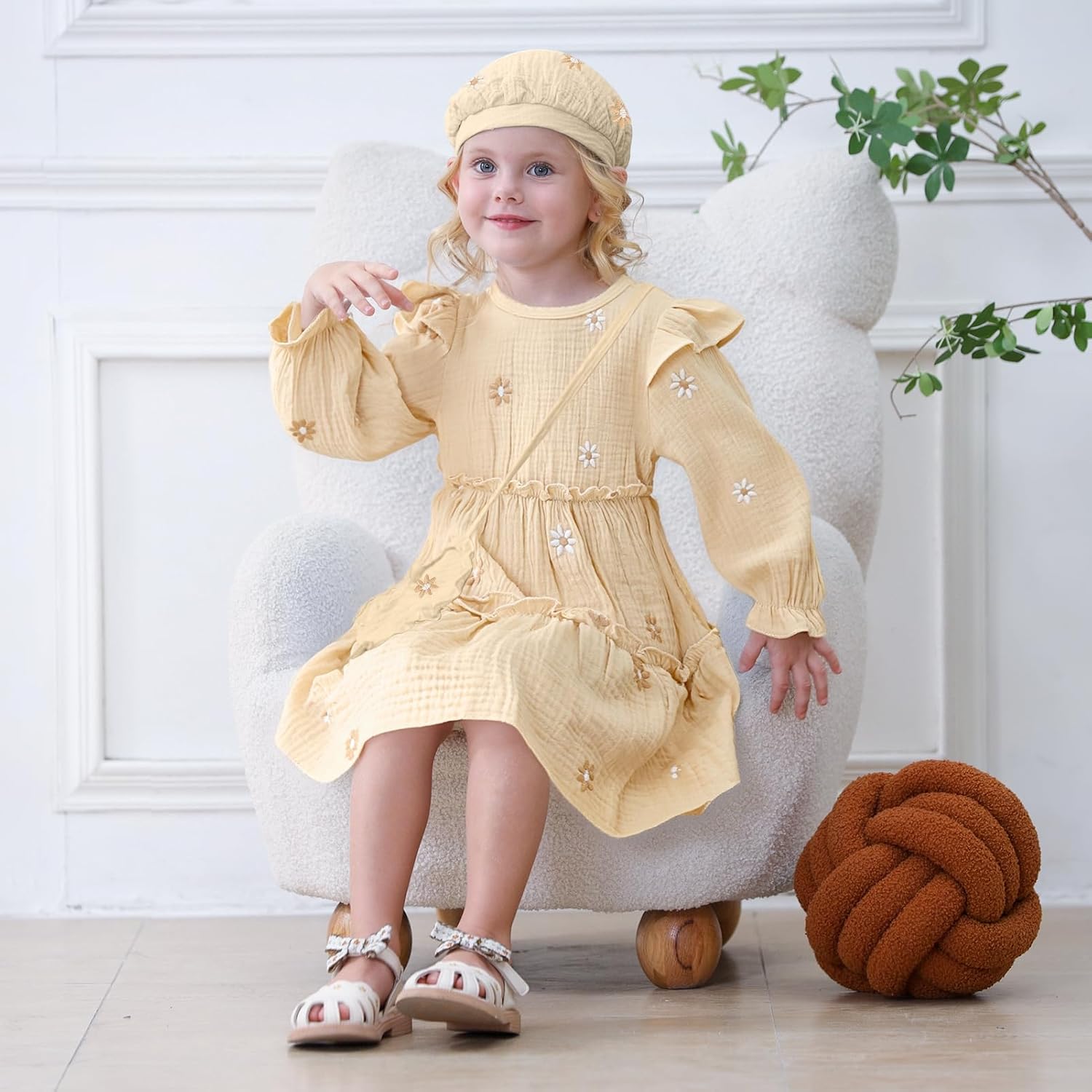Toddler Girl Dress Kids Long Sleeve Ruffle Dresses Fall Winter Outfit Hat Bag Floral Girls Casual Playwear Dress - Image 3